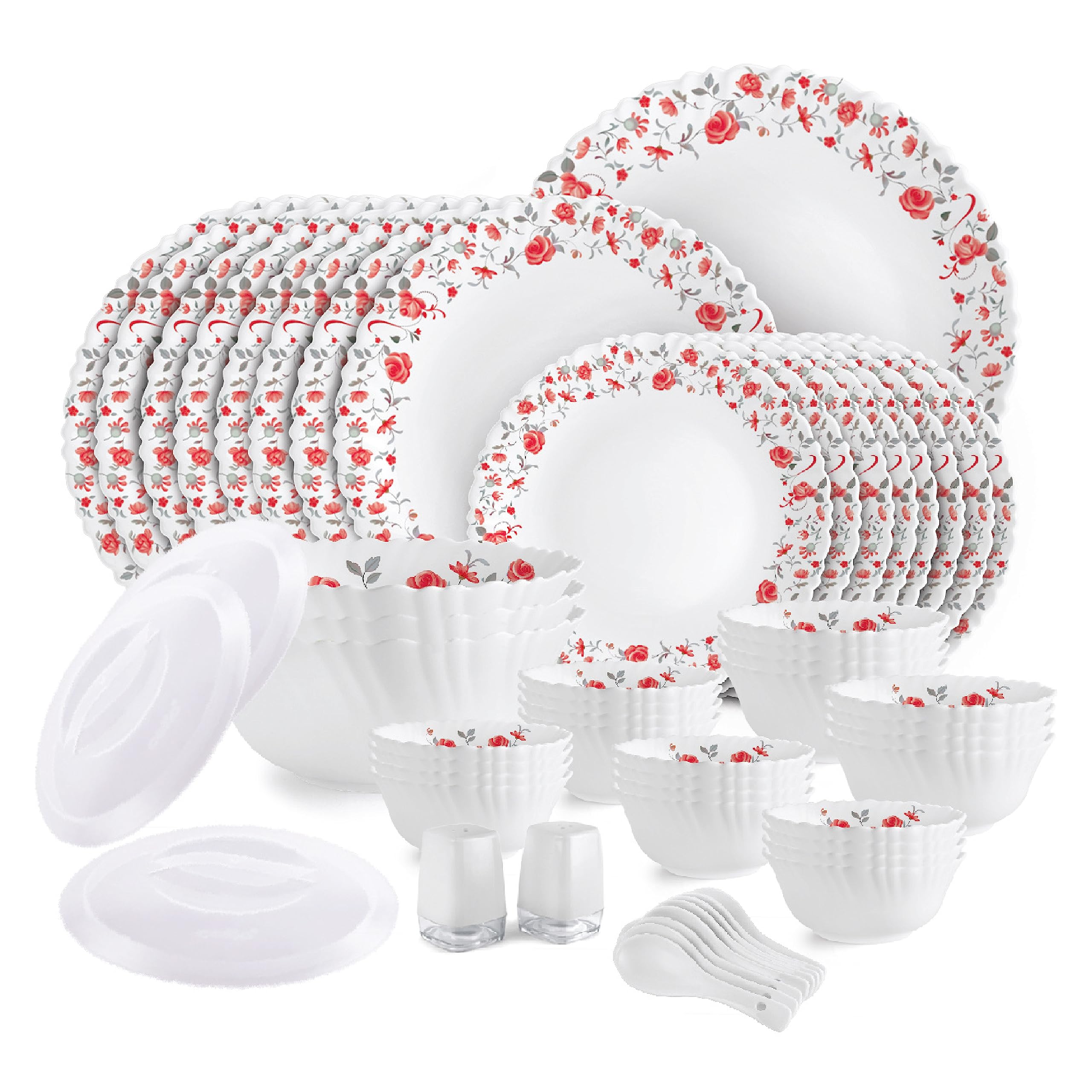 Cello Opalware Dazzle Series Red Rose Fantasy Dinner Set, 57Pcs | Opal Glass Dinner Set For 8 | LightWeight, Daily Use Crockery