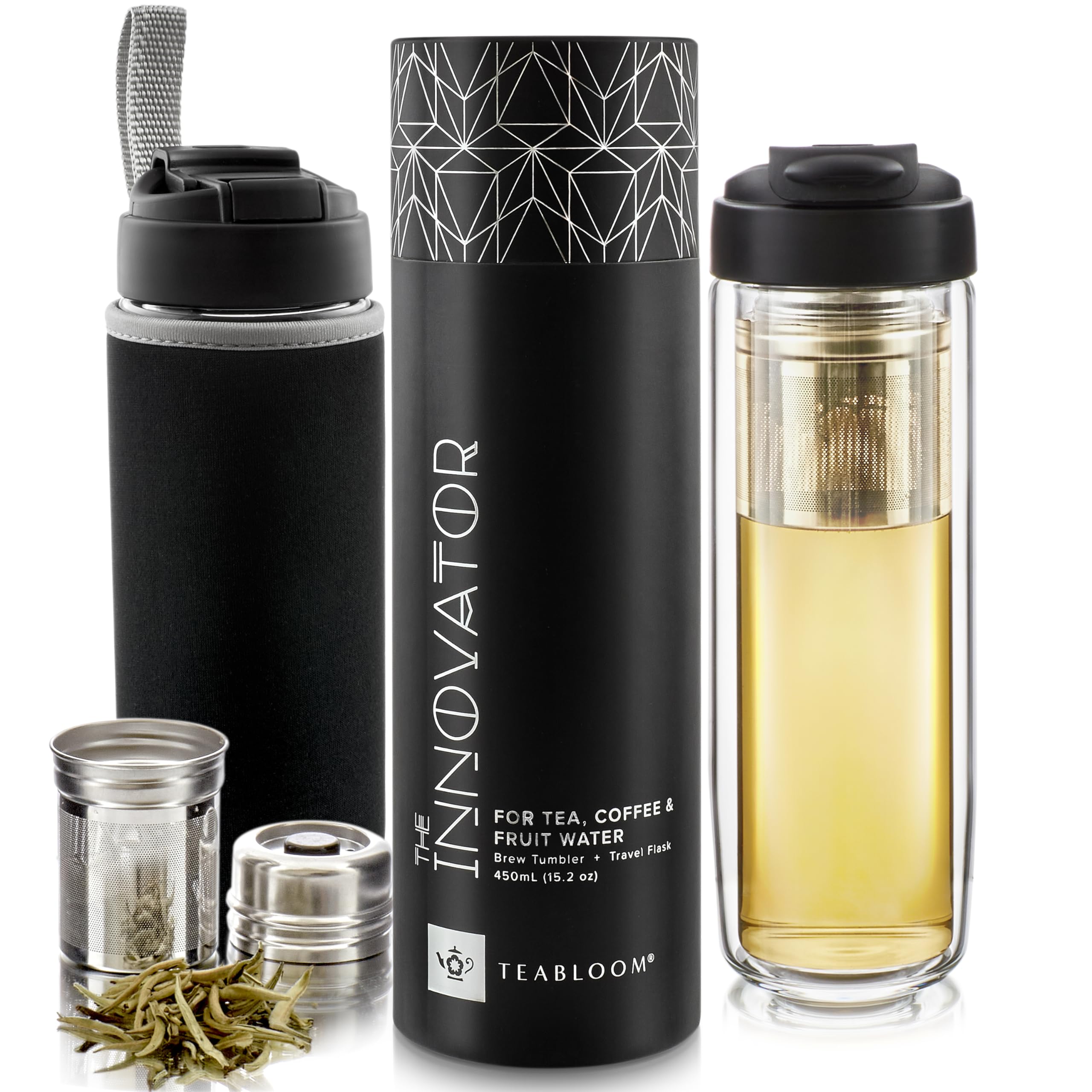 Teabloom Travel Tea Infusing Cup  Insulated Borosilicate Glass Bottle with Magnetic Controlled Infuser and Flip Lid for Hot Tea