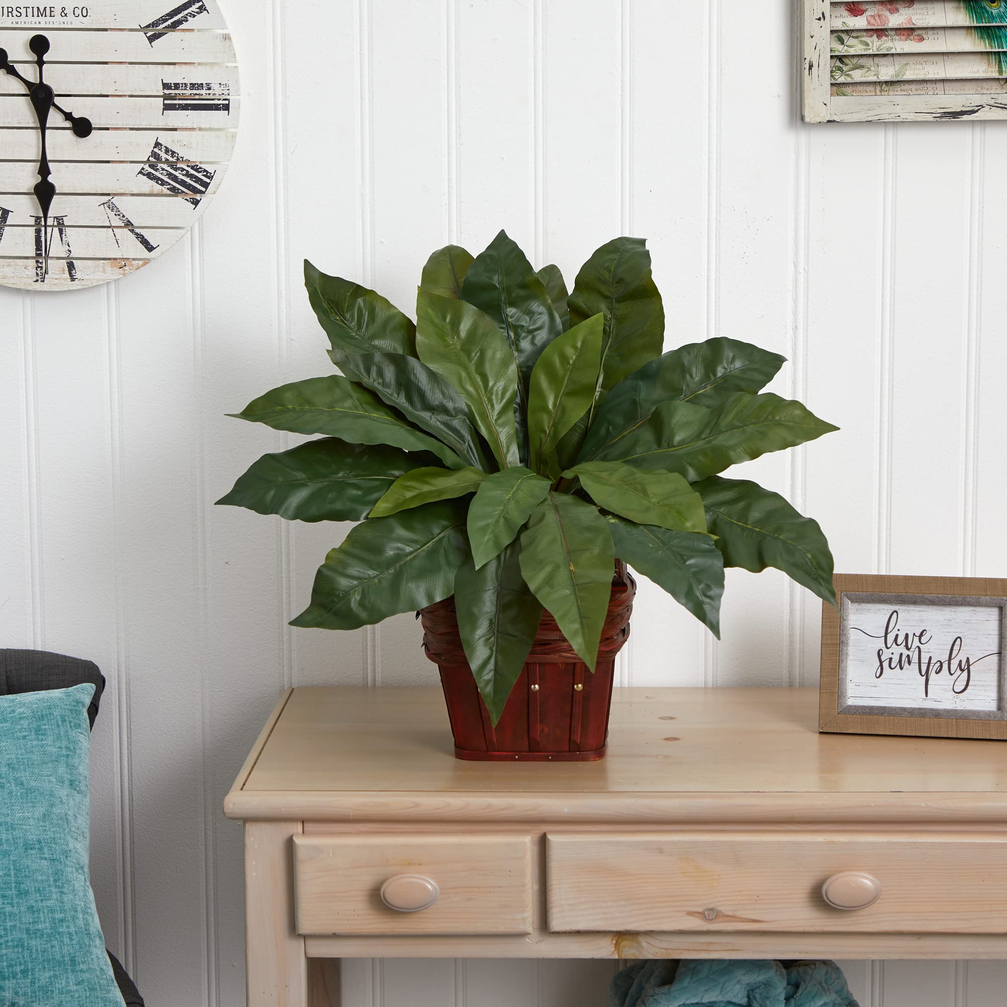 Nearly Natural 6530 Bird Nest Fern With Wicker Basket, Green 25X25X22