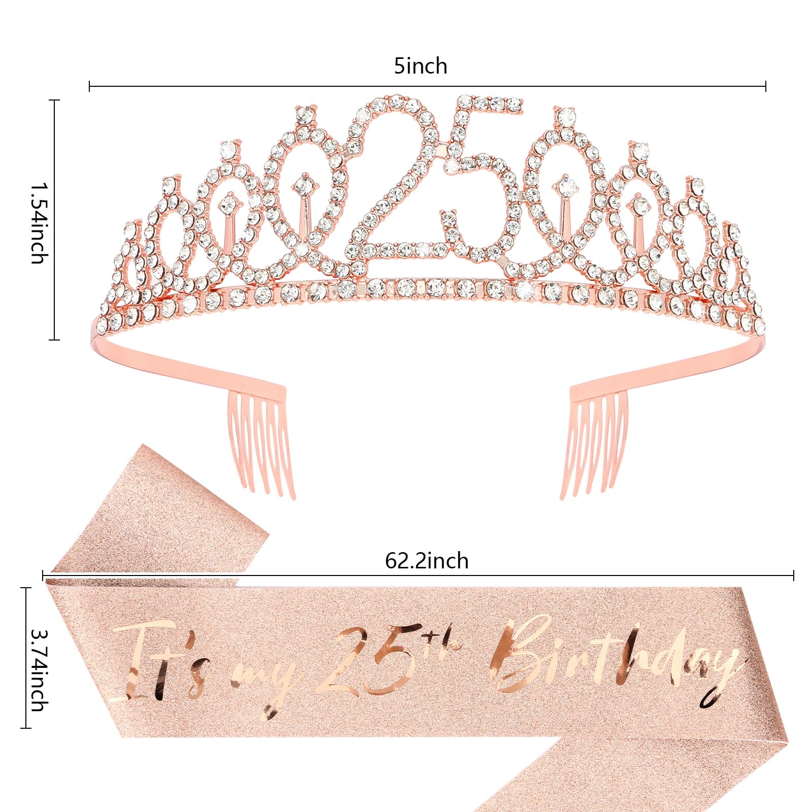 Casoty Rose Gold 25th Birthday Sash and Tiara for Women, 25th Birthday Party Decorations for Women, Crown and Sash Set, Gifts fo