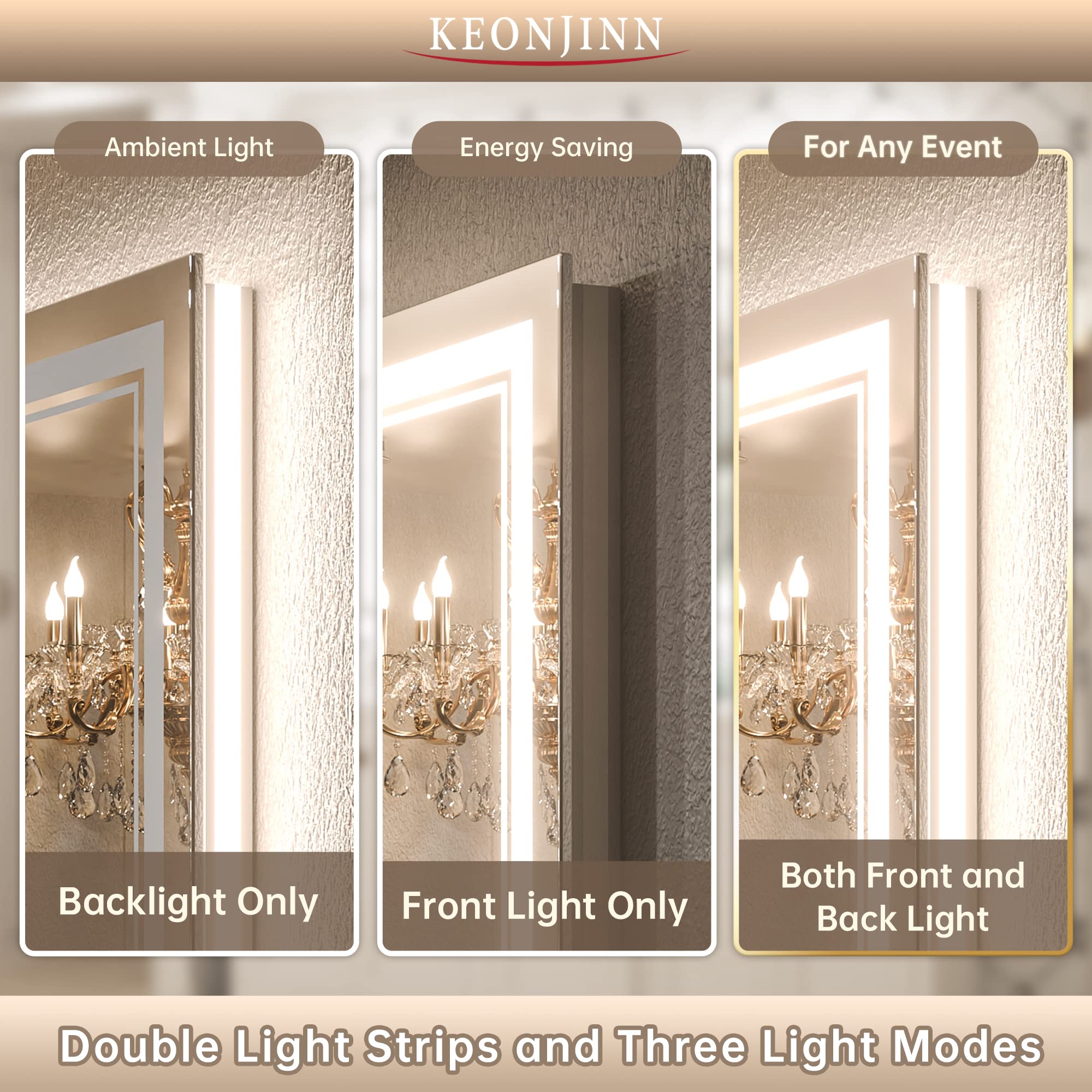 Keonjinn Led Bathroom Mirror 40    X 24    With Frontlit And Backlit, Stepless 3 Colors Temperature & Dimmable Vanity Mirror, Ul