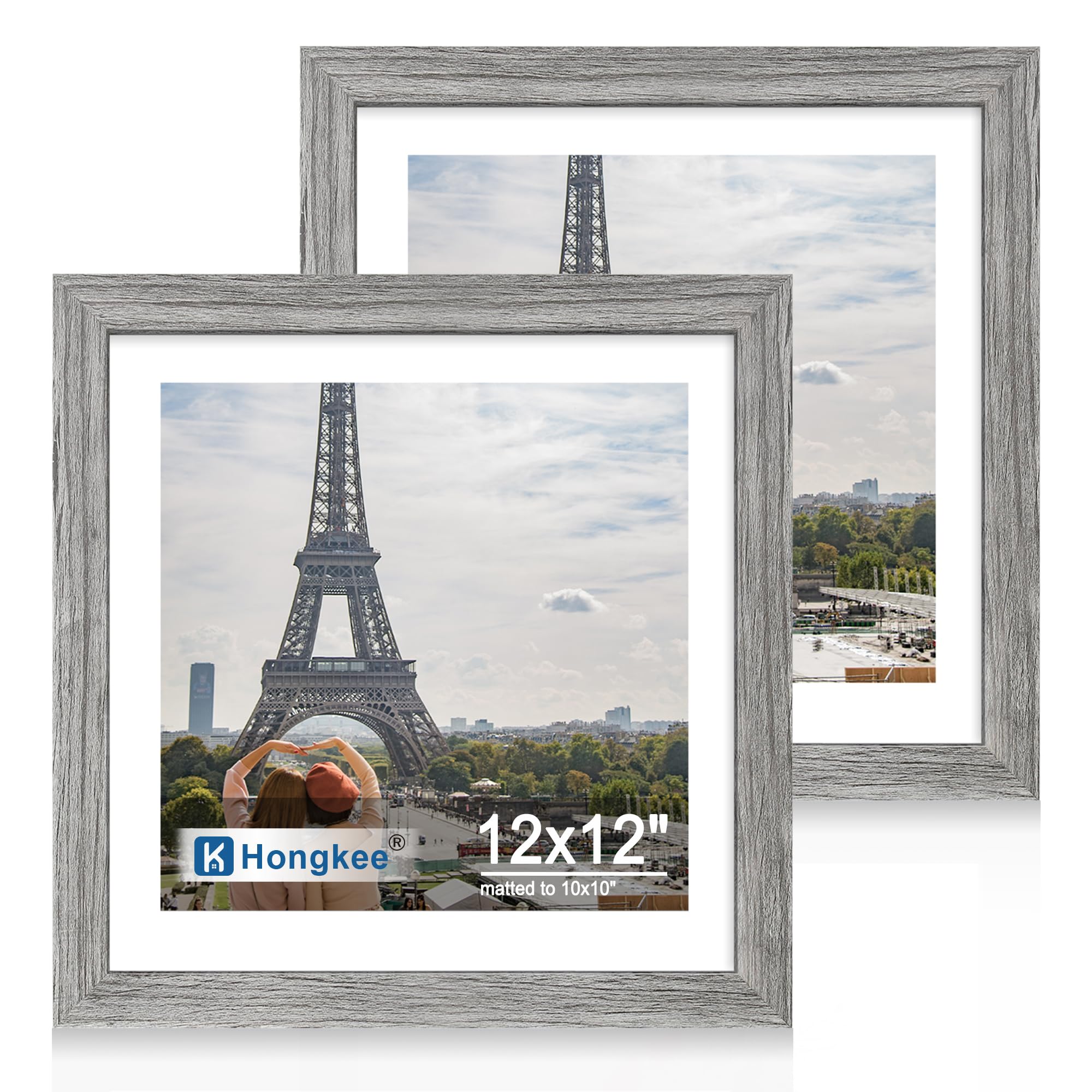Hongkee 12x12 Picture Frame Set of 2, Made of Real Glass and Grey Wooden Frame - Display Square 10x10 with Mat or 12x12 Without 