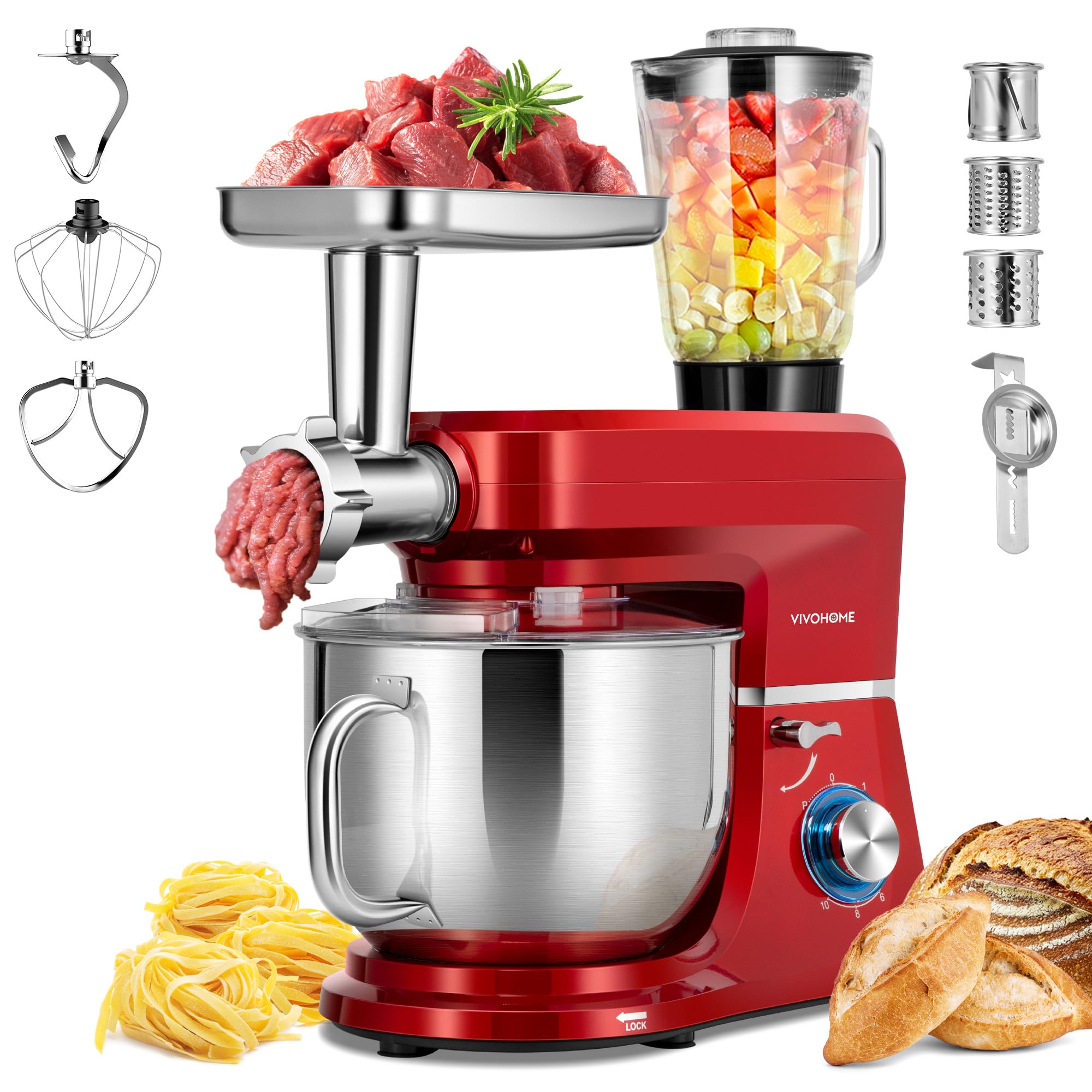 VIVOHOME 6-in-1 Stand Mixer, 8.5 Quart Electric Tilt-Head Kitchen Mixer with Bowl, Multifunctional Food Mixer for Cake, Bread, a