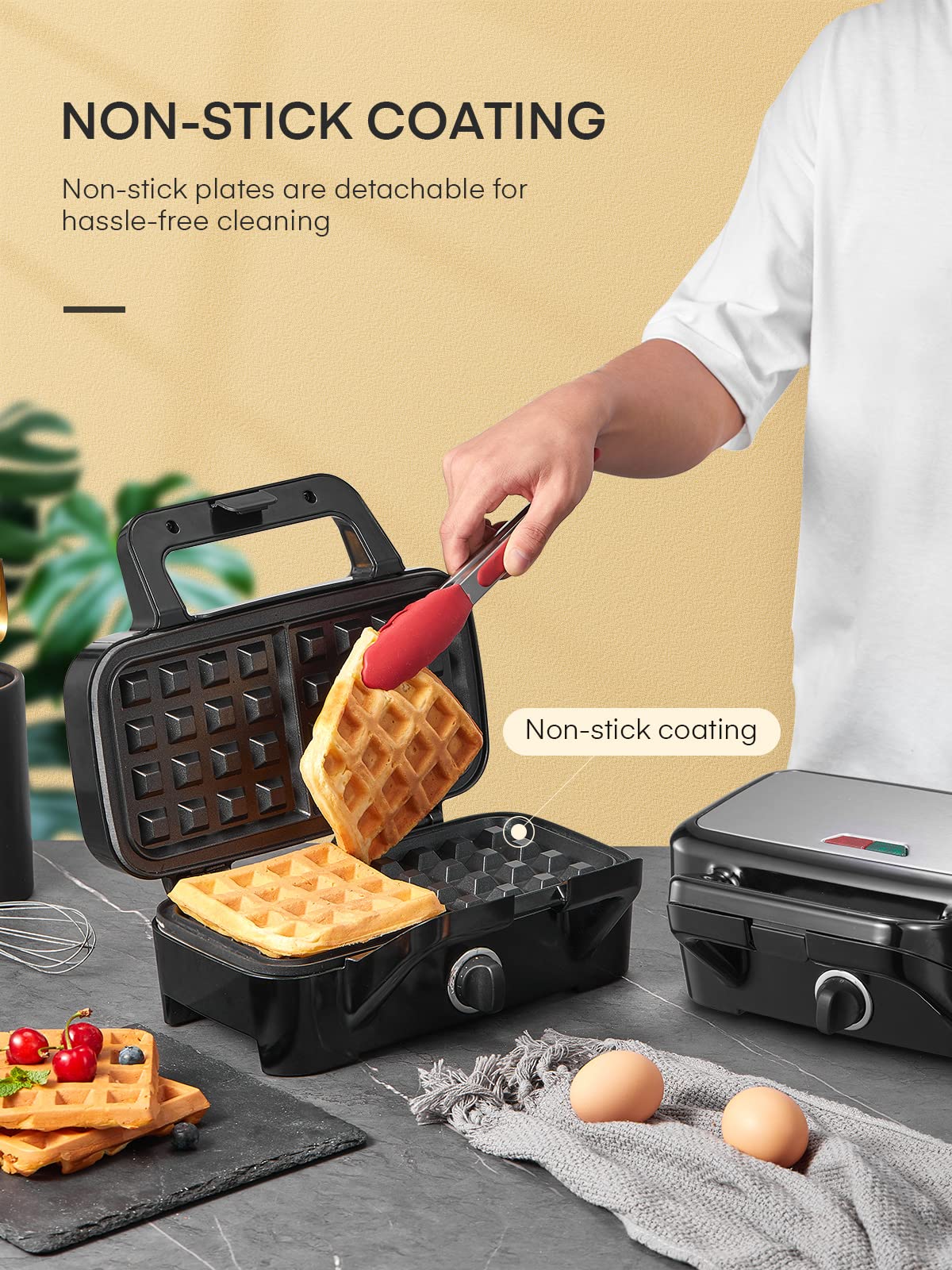 FOHERE 3-in-1 Waffle Maker & Sandwich Press, 1200W, Non-stick, Removable Plates, Silver/Black, Model AN-780