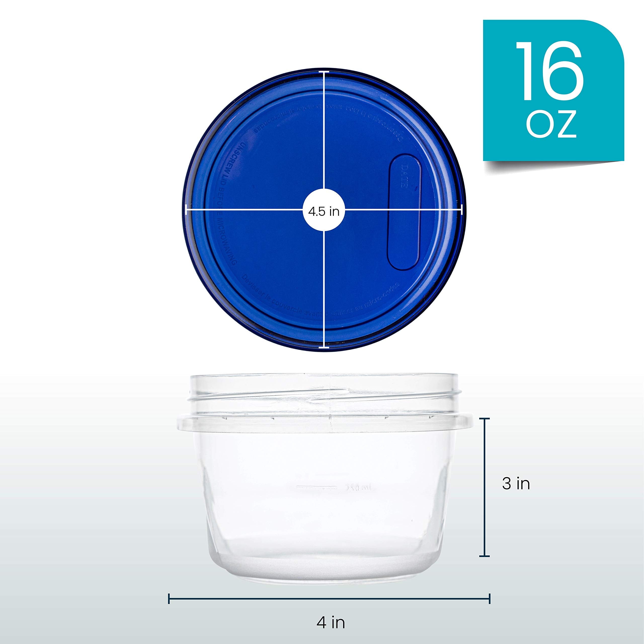 Plasticpro [16 Oz 5 Pack] Deli Containers Clear Bottom With Blue Top Twist On Lids Reusable, Stackable, Food Storage Freezer Con