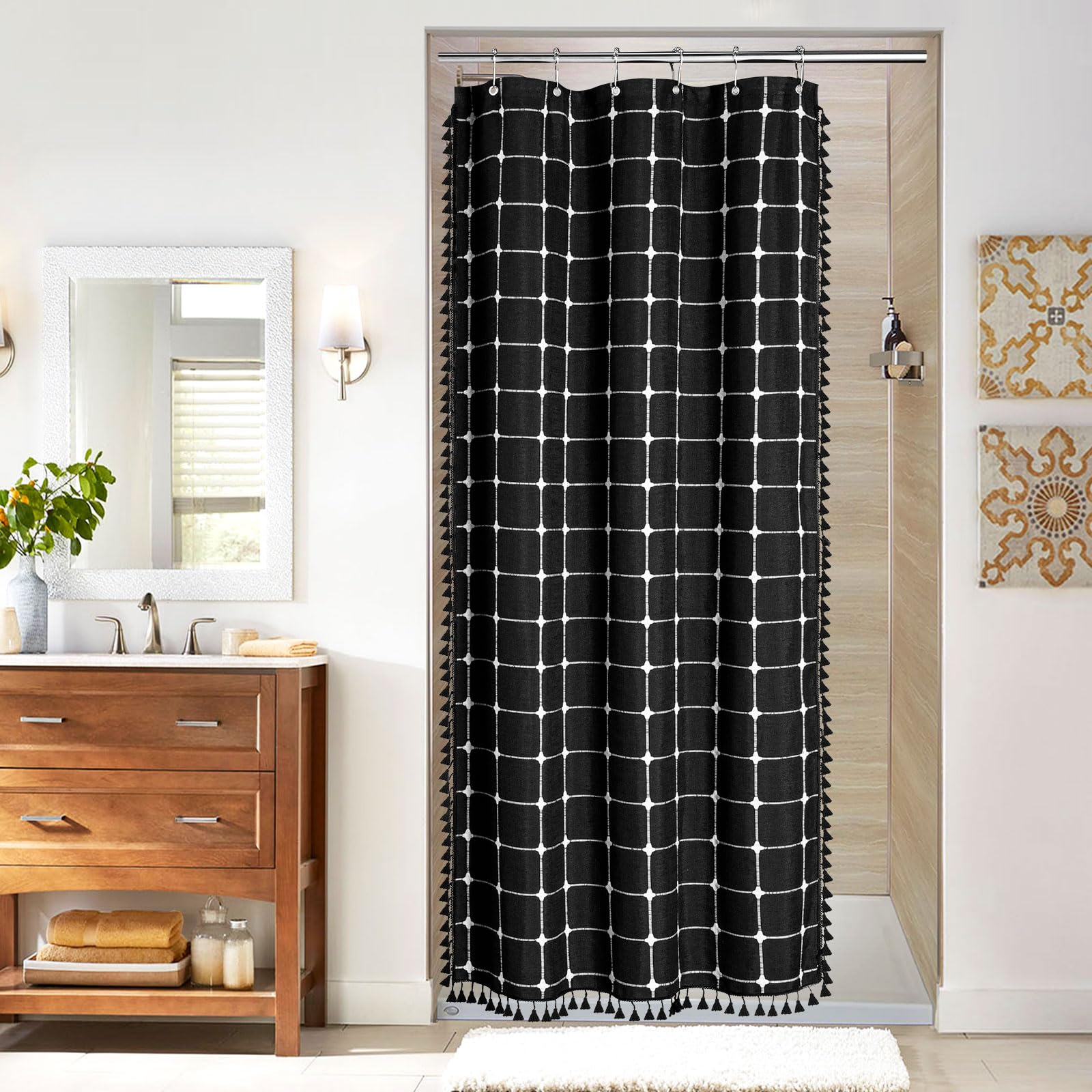 Mitovilla Boho Small Stall Shower Curtain 36 X 72, Narrow Cotton Linen Fabric Shower Curtains For Farmhouse Bathroom Decor, Half