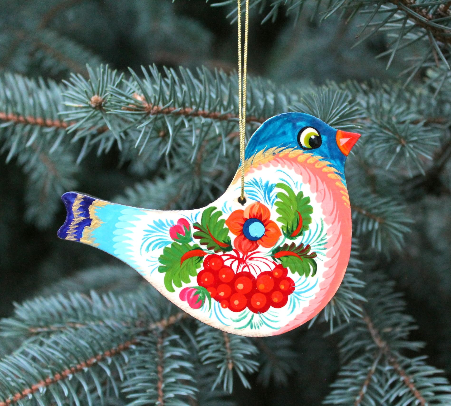Christmas Ornament Pigeon Bird made of Wood 2,8 x 3,5 x 0,2 inch, Hand-painted on Both Sides in Ukraine in the Petrykivka Tradit