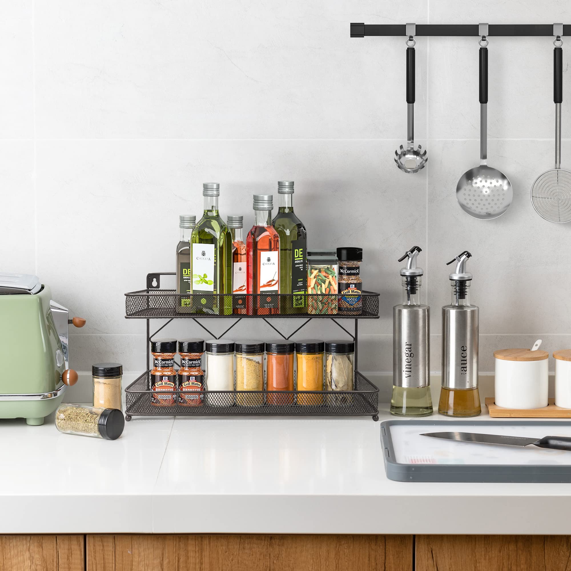 Megier 2 Tier Metal Kitchen Counter-top or Wall Mount Spice Rack, Jars Storage Organizer, Cabinet Holder, spice seasoning organi