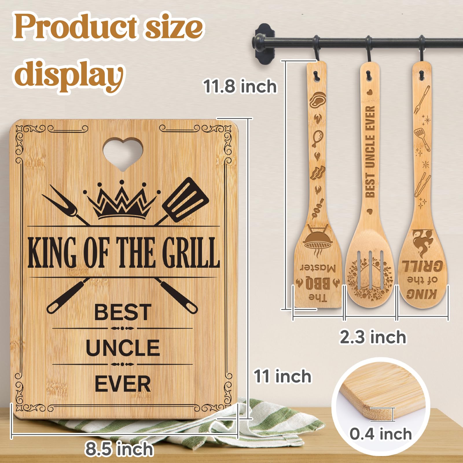 Best Uncle Gifts -  King of The Grill, Best Uncle Ever  Uncle Christmas Gifts Cutting Board Set, Bamboo-Made Engraved Utensil Se