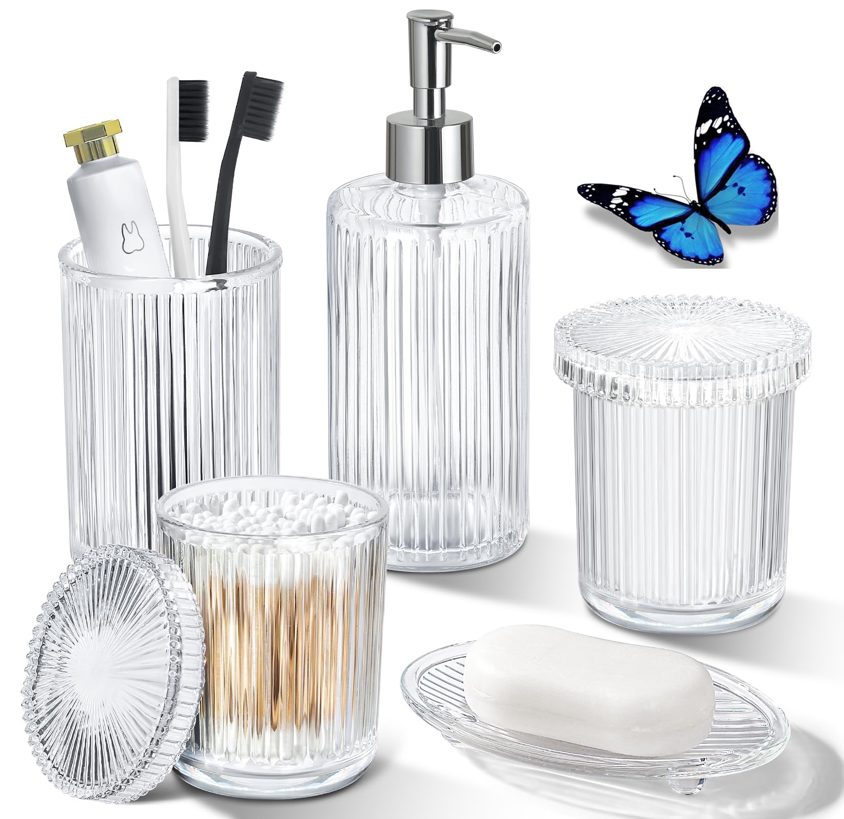 Rytoxilo Bathroom Accessories Set, 5 Pcs Clear Glass Bath Accessory Sets Complete, Ribbed Soap Dispenser And Toothbrush Holder S