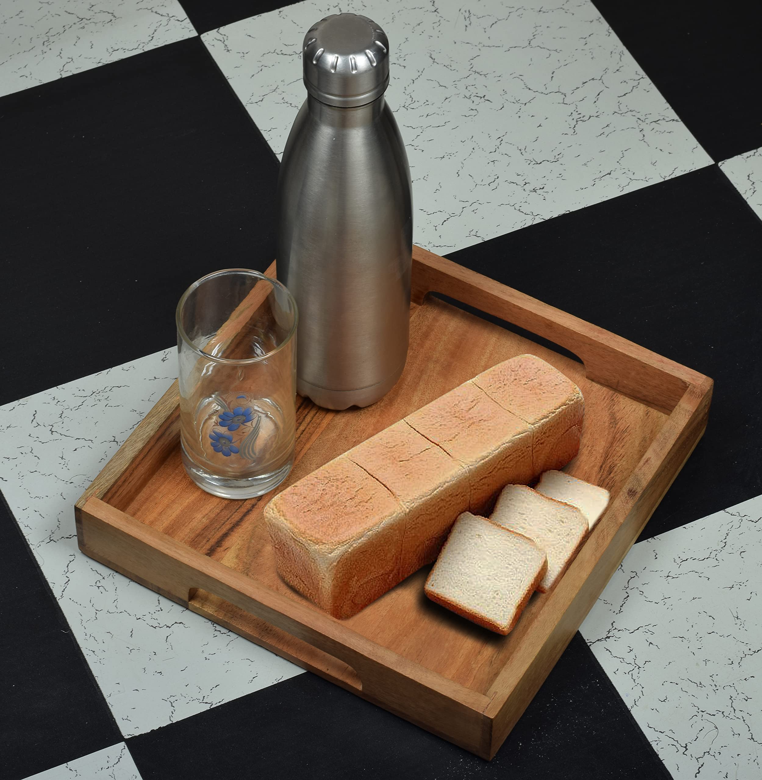 Samhita Acacia Wood Serving Tray With Handles,Wooden Serving Tray, Snack Tray, Breakfast Tray, Great For, Breakfast, Coffee |Siz