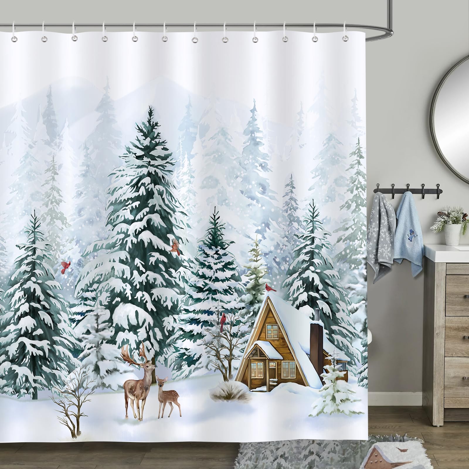 Bonhause Winter Christmas Tree Shower Curtain Forest Deer Pine Tree Snow Scene Decorative Bath Curtain 72 X 72 Inch Polyester Fa