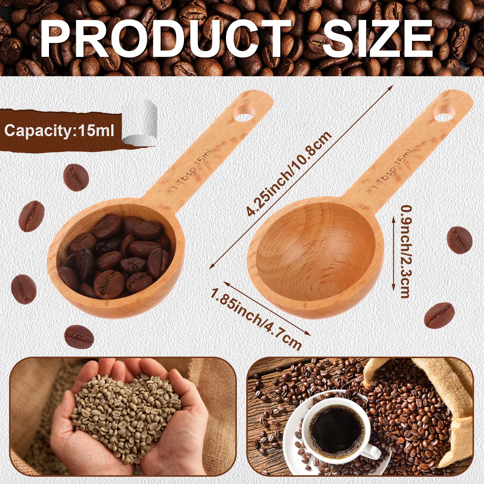 6 Pieces Wooden Coffee Spoon In Beech Measuring Scoop For Coffee Beans Wood Table Spoon For Whole Beans Ground Beans Or Tea, Hom