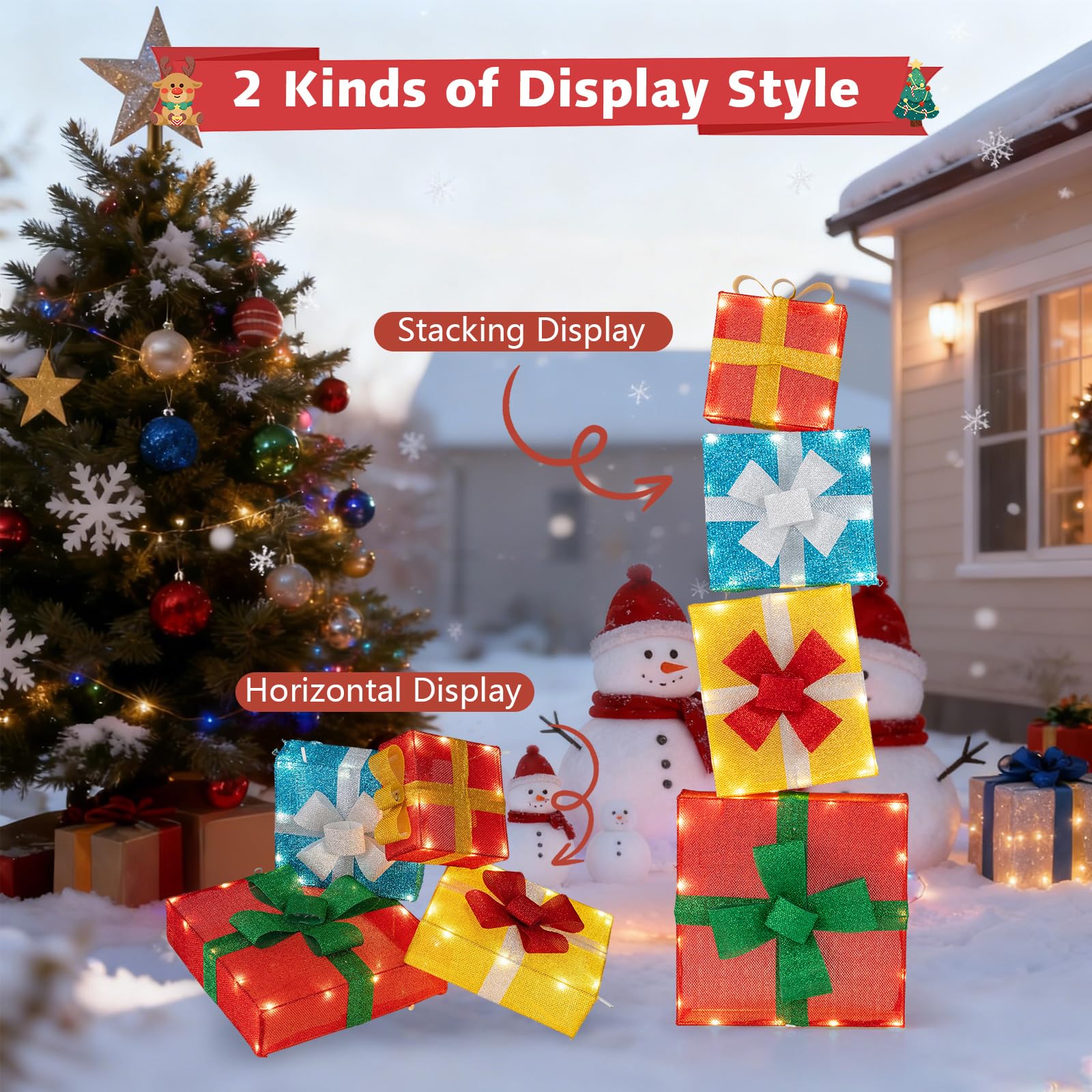 Goplus 4 Ft Lighted Gift Boxes Stackable, Pre-lit Xmas Boxes Decoration w/LED Lights, Delicate Bows, Indoor & Outdoor Stacked Ho