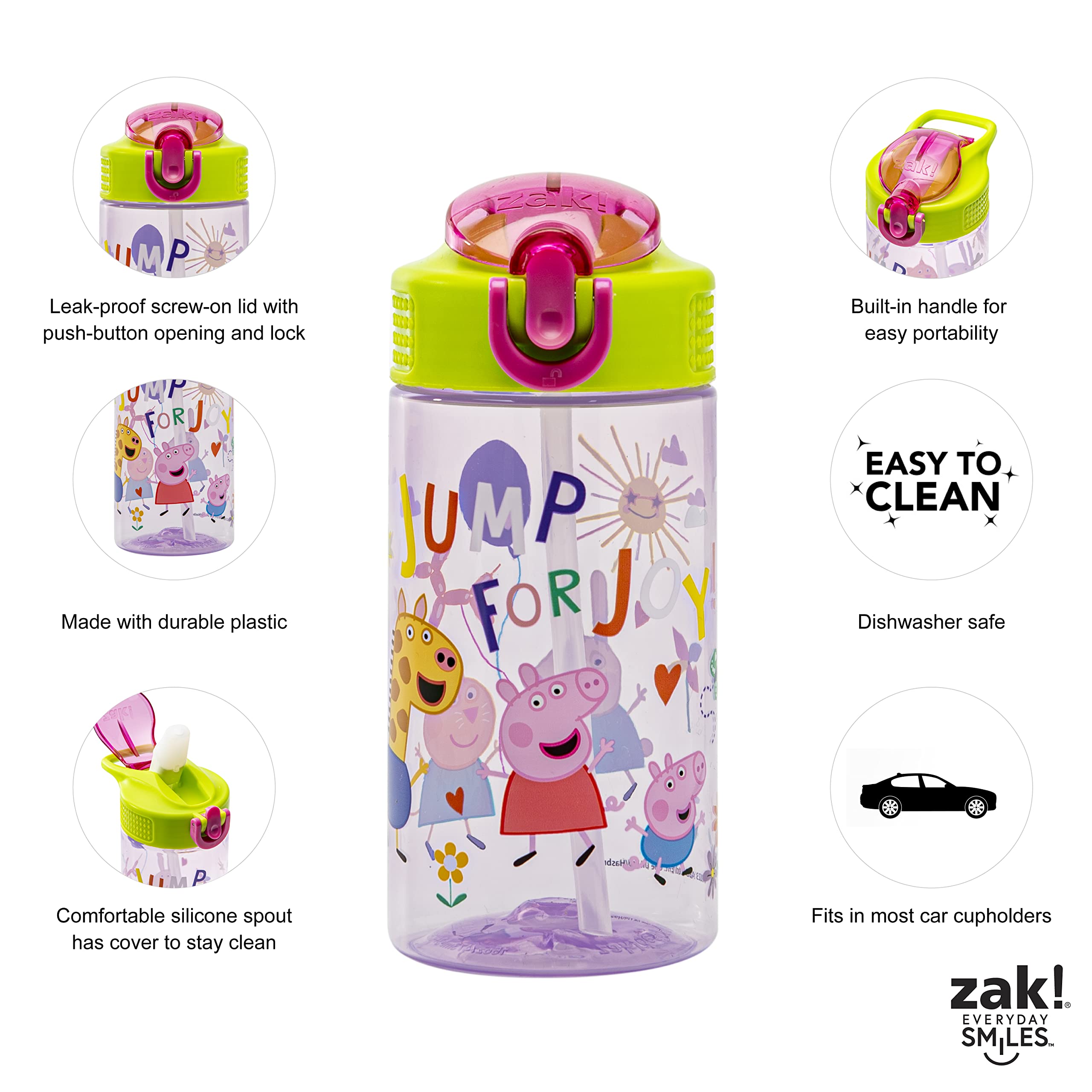 Zak Designs Peppa Pig Kids Water Bottle For School Or Travel, 16Oz Durable Plastic Water Bottle With Straw, Handle, And Leak-Pro