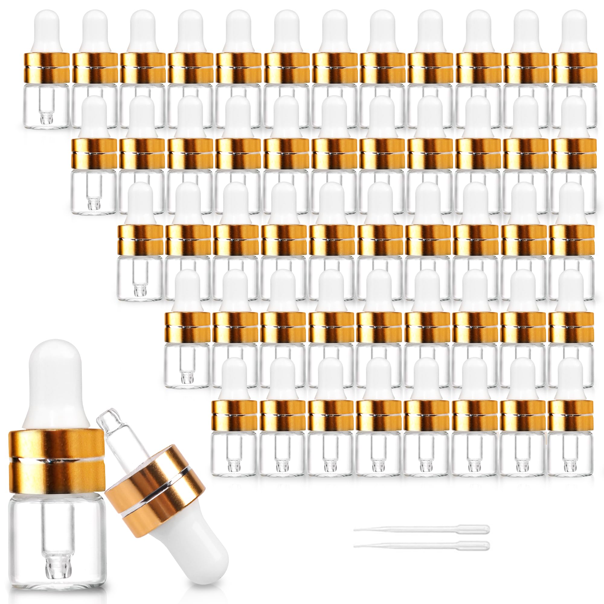 Comrzor 50 Pack 1Ml Clear Glass Dropper Bottles With 2 Pcs Plastic Droppers, Mini Sample Dropper Bottles For Essential Oils Perf