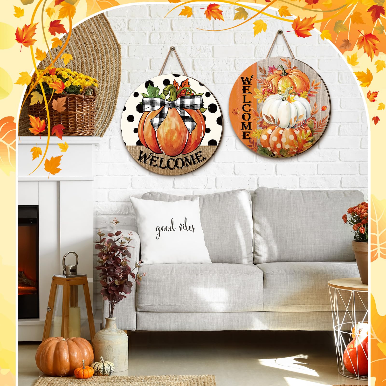 3 Pcs Fall Thanksgiving Decoration for Home Front Door Decor Signs Fall Pumpkin Wooden Wreath Autumn Maple Leaves Door Hanger fo