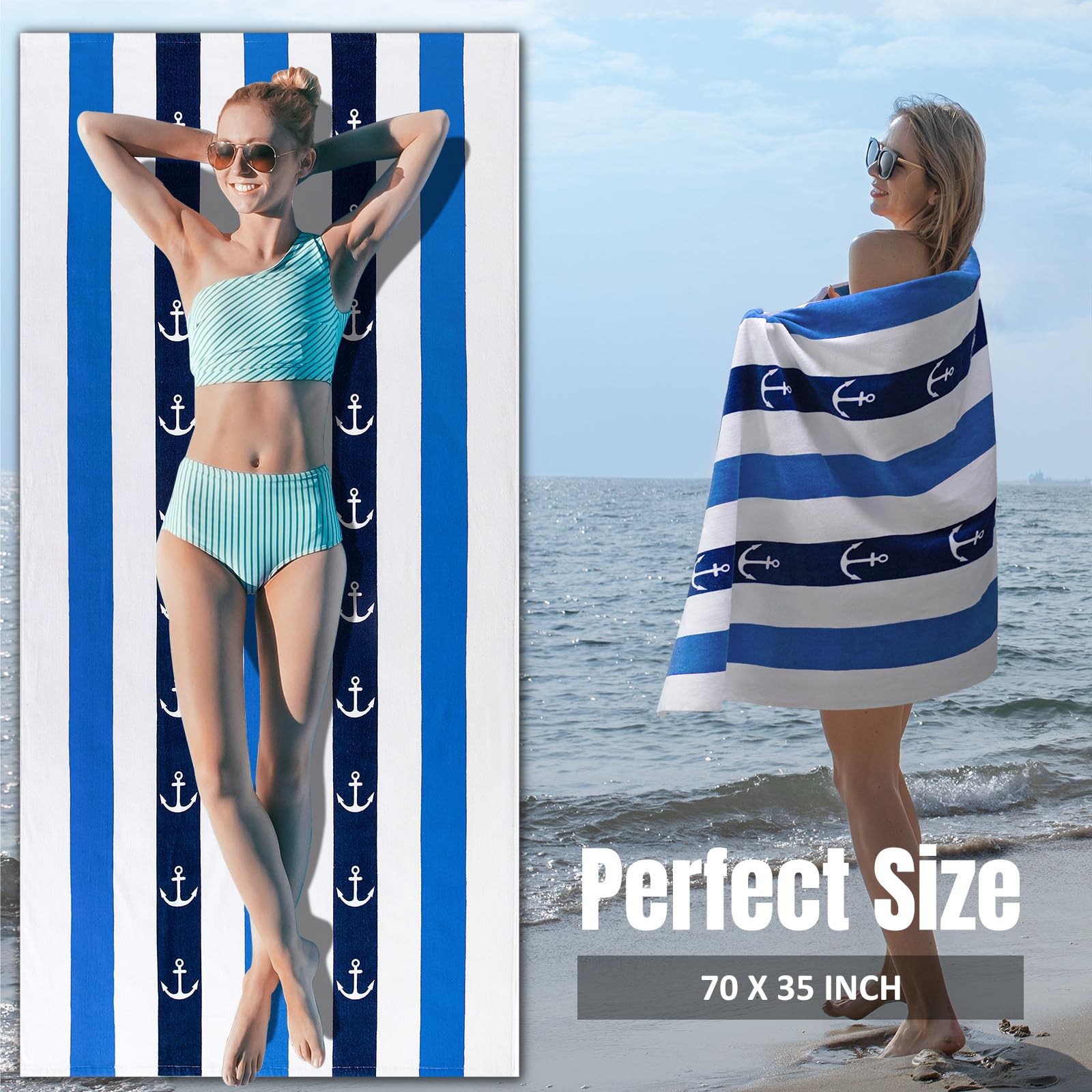 Cabanana Large Beach Towel Oversized - Cotton Velour 35 X 70 Inch Anchor Striped Terry Pool Towel, Cabana Soft Swimming Towel Fo