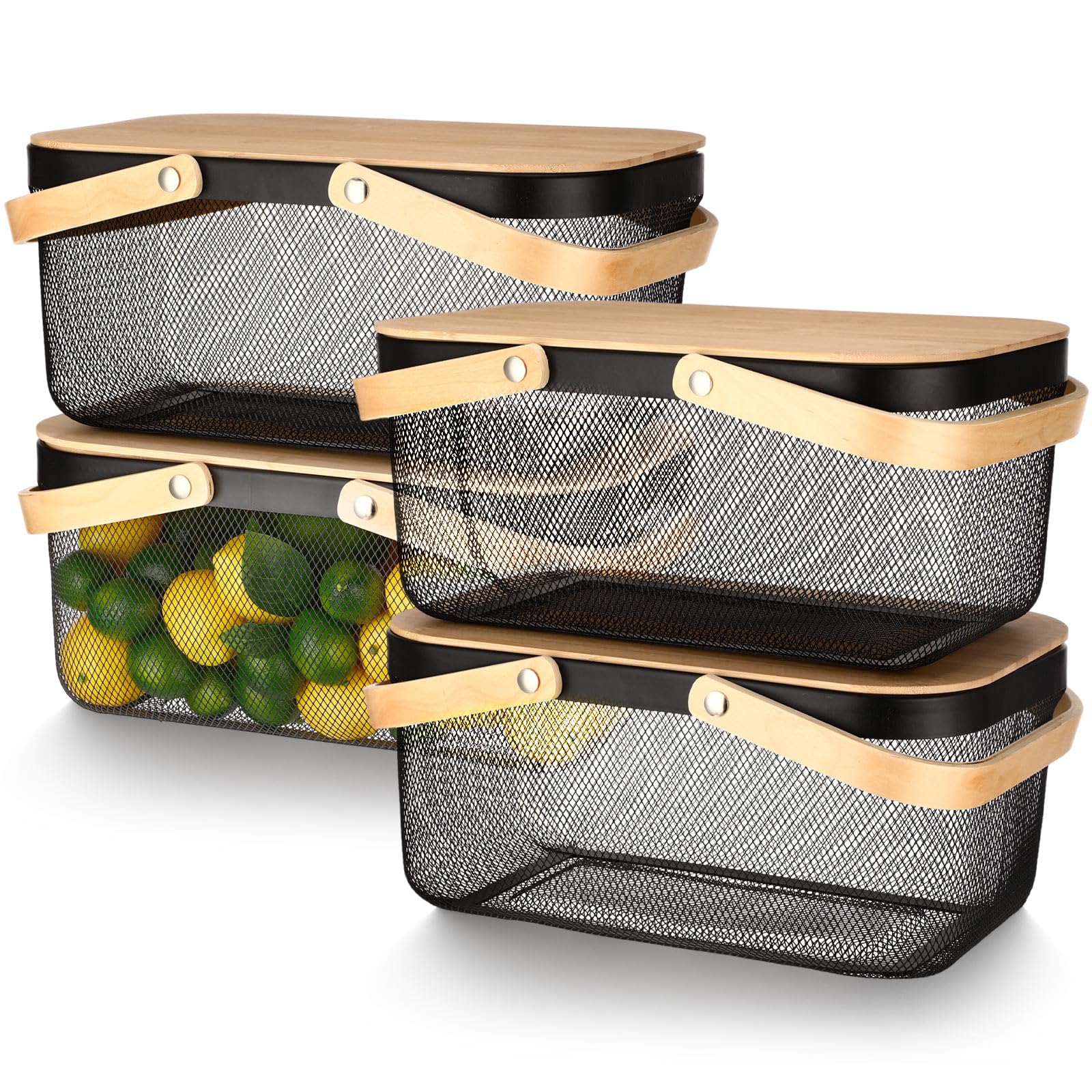 Jingmore 4 Pcs 16 Inch Black Metal Mesh Baskets with Lid