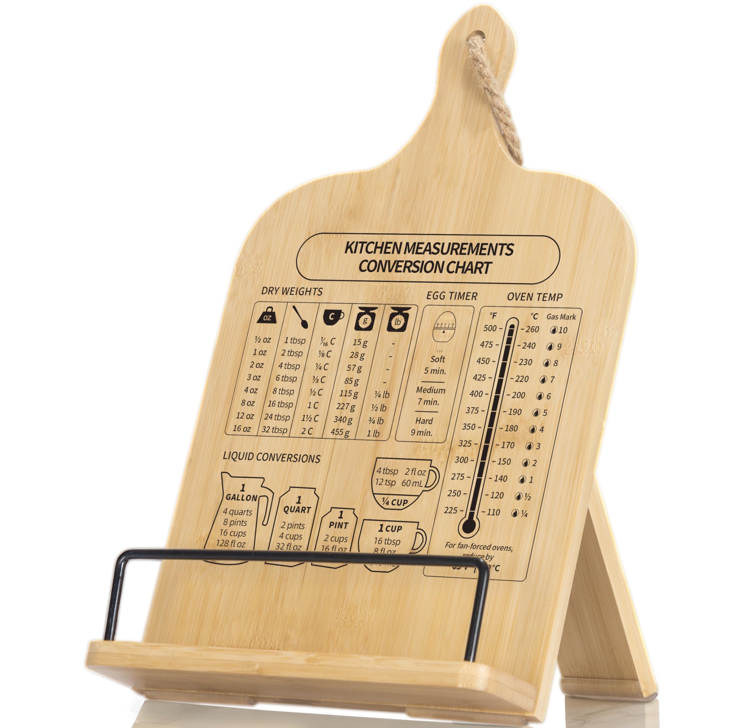 Ikedas Bamboo Cookbook Stand, Sturdy Cook Book Holder, Recipe Book Holder With Measurement Conversion Chart, Cookbook Stand For