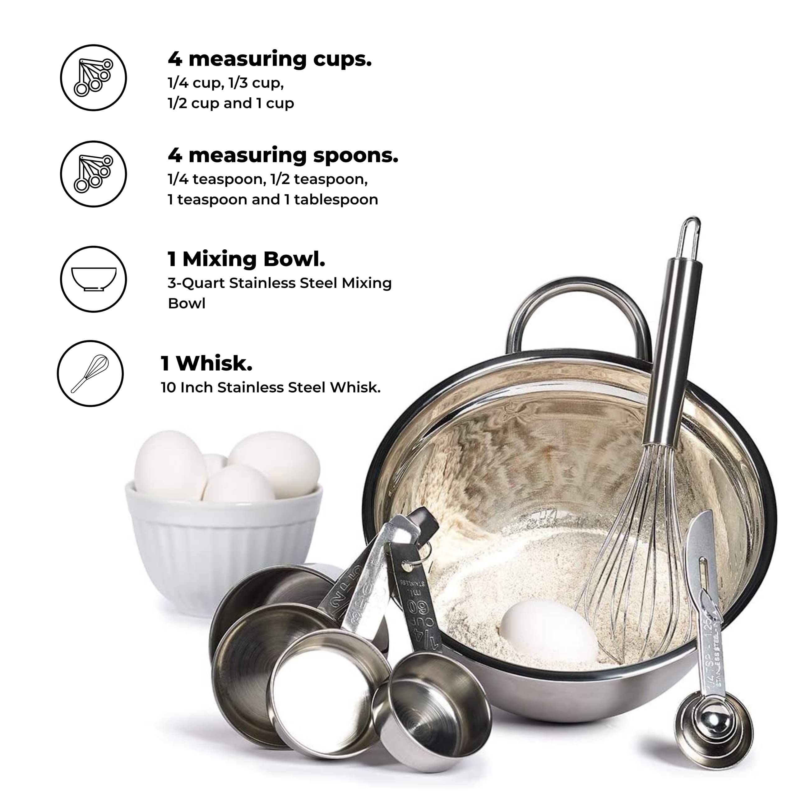 Le Regalo Meal Prep Piece Stainless Steel Set, 4 Measuring Cups And Spoons, 10'' Whisk And 3 Quart Mixing Bowl, Large, Silver,Hw