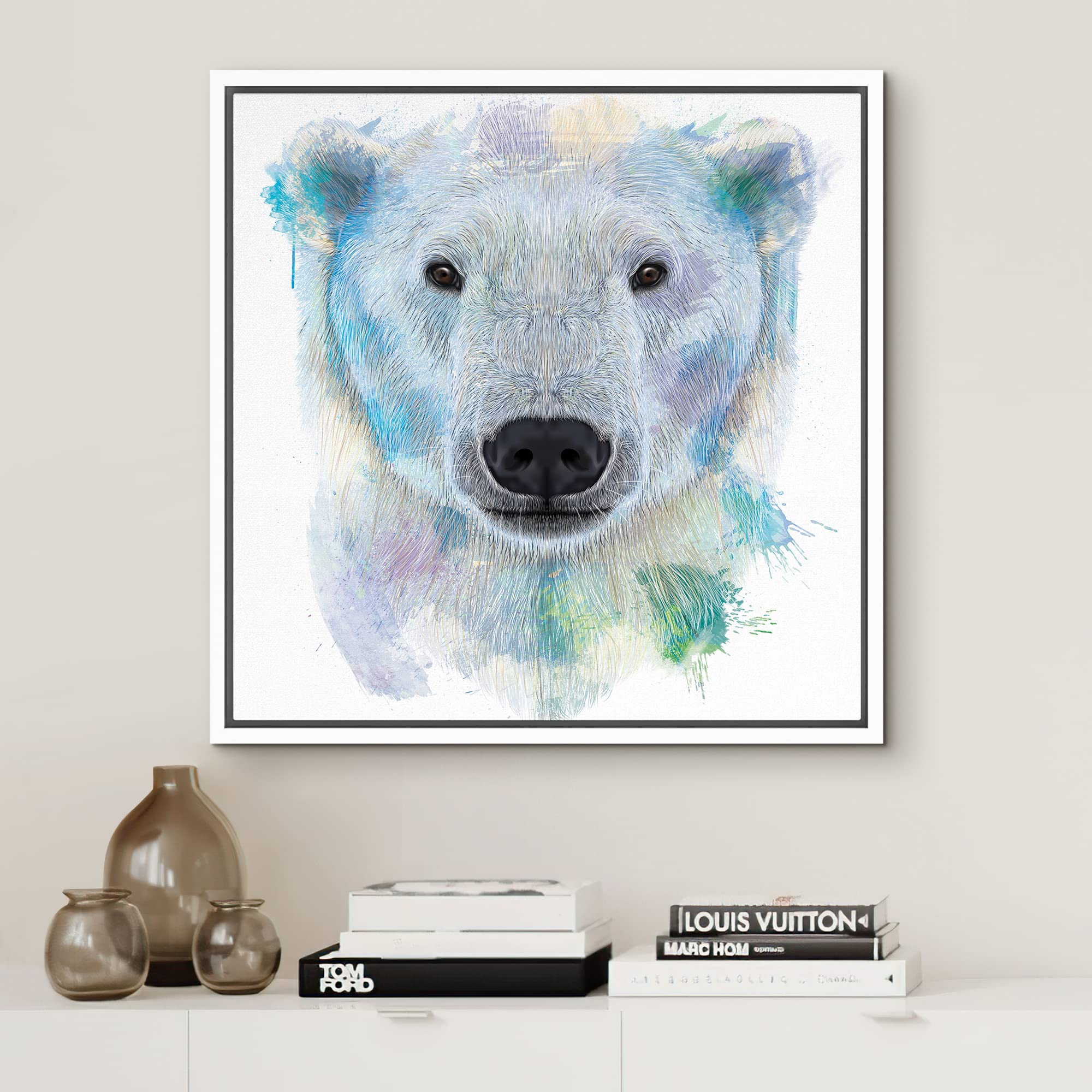 Wall26 - Fun And Colorful Splattered Watercolor Polar Bear - Framed Canvas Art Home Art - 16''X16'' White