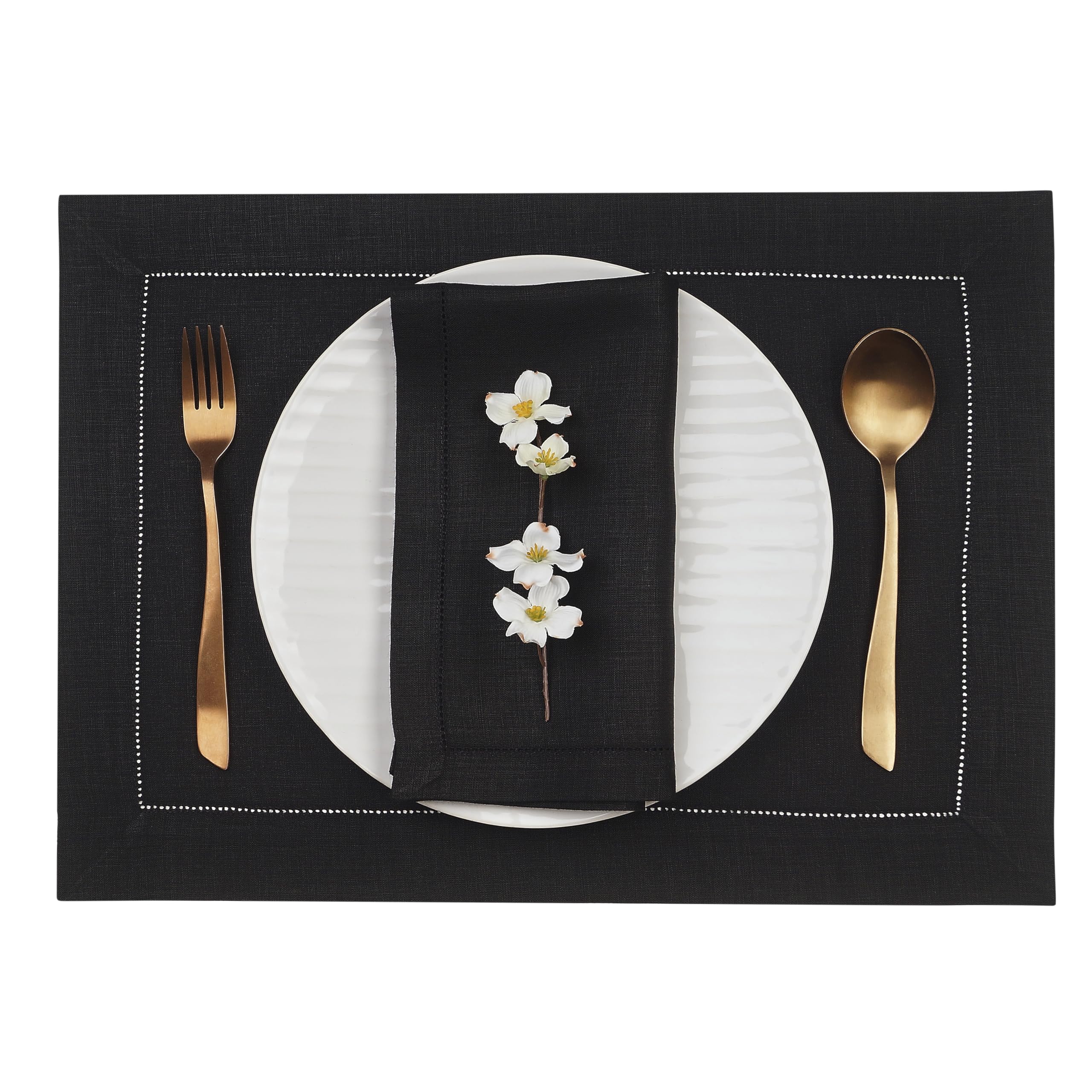 D'Moksha Homes Linen Placemats Set Of 4-100% Pure Linen Black Placemats 14 X 19 Inch - Classic Hemstitch, Washable Black Placema
