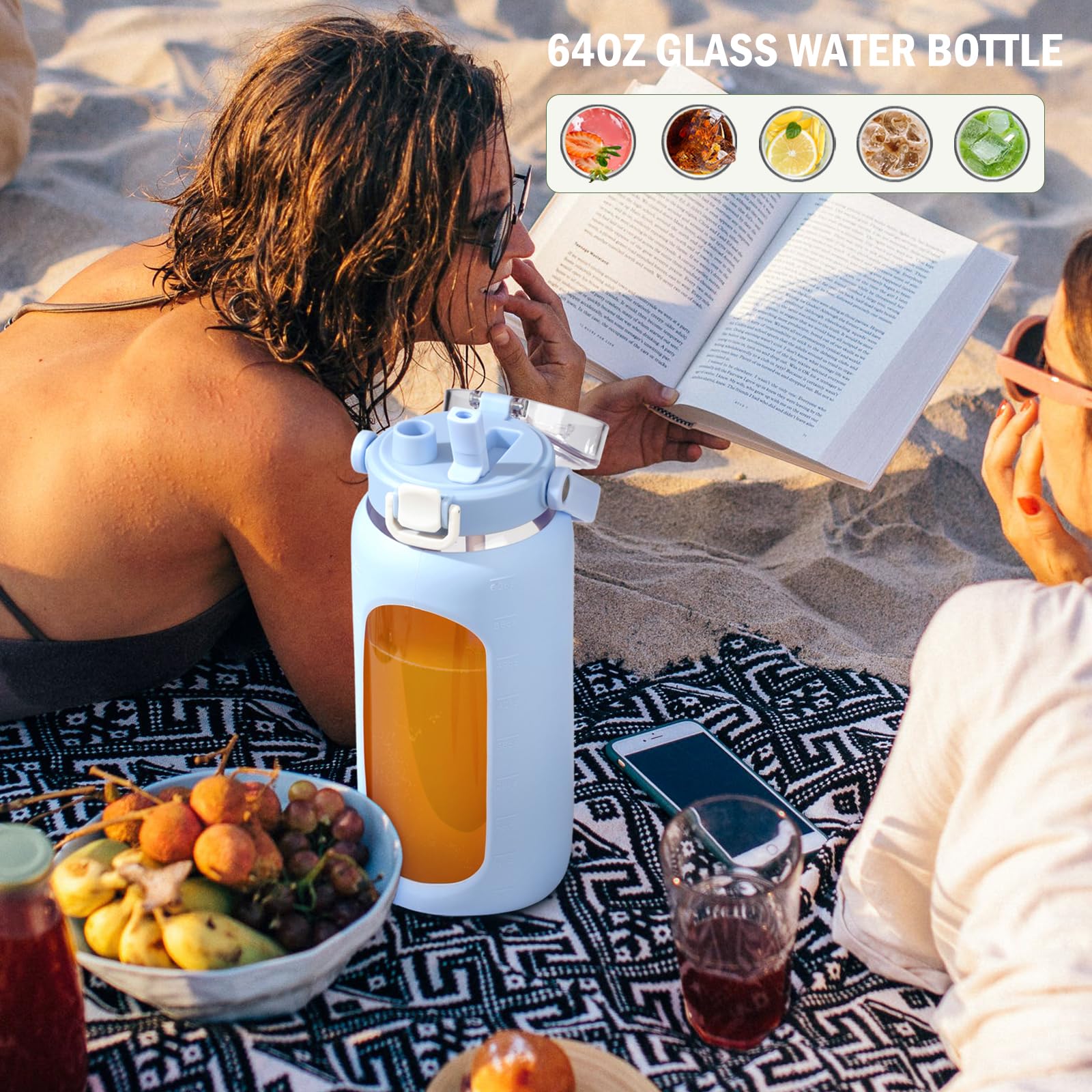 BLUEGO 64 oz Glass Water Bottles with Straw Time Marker Half Gallon Large Motivational Water Bottle with Silicone Sleeve 2 Liter Large Glass Water Jug for Gym  Sports& Workout  Light Blue