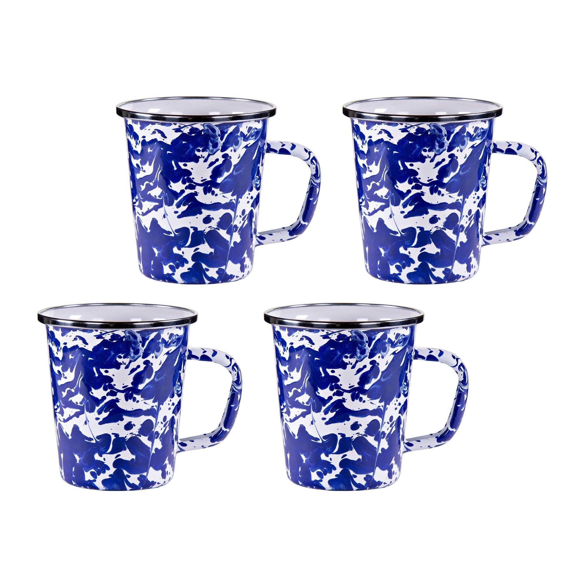 Golden Rabbit Enamelware - Cobalt Swirl Pattern - Set Of 4-16Oz Latte Mugs