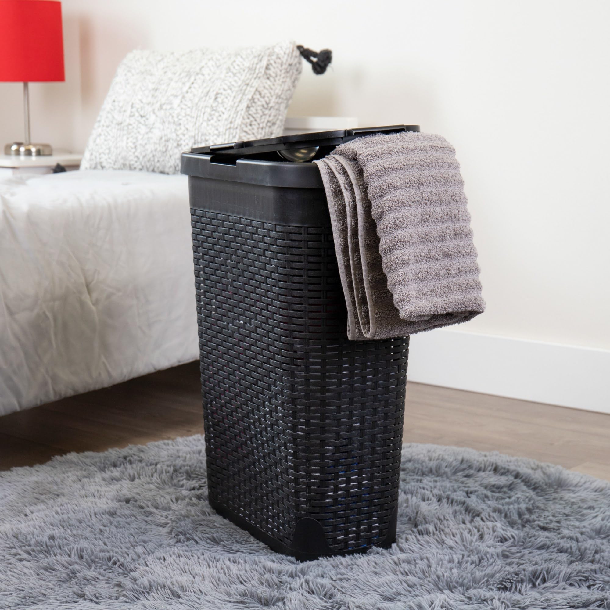 Mind Reader 40L Slim Laundry Hamper, Clothes Basket, Lid, Wicker Design, Plastic, 18''L X 10.4''W X 23.5''H, Black