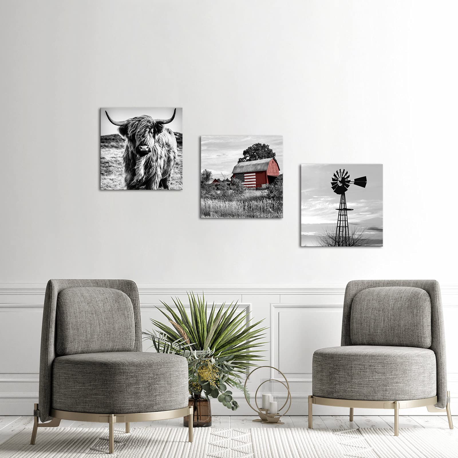 Black And White Canvas Set Of 3 Wall Art Prints Farmhouse Barn American Flag Highland Cow And Windmill Pictures Rustic Farm Coun