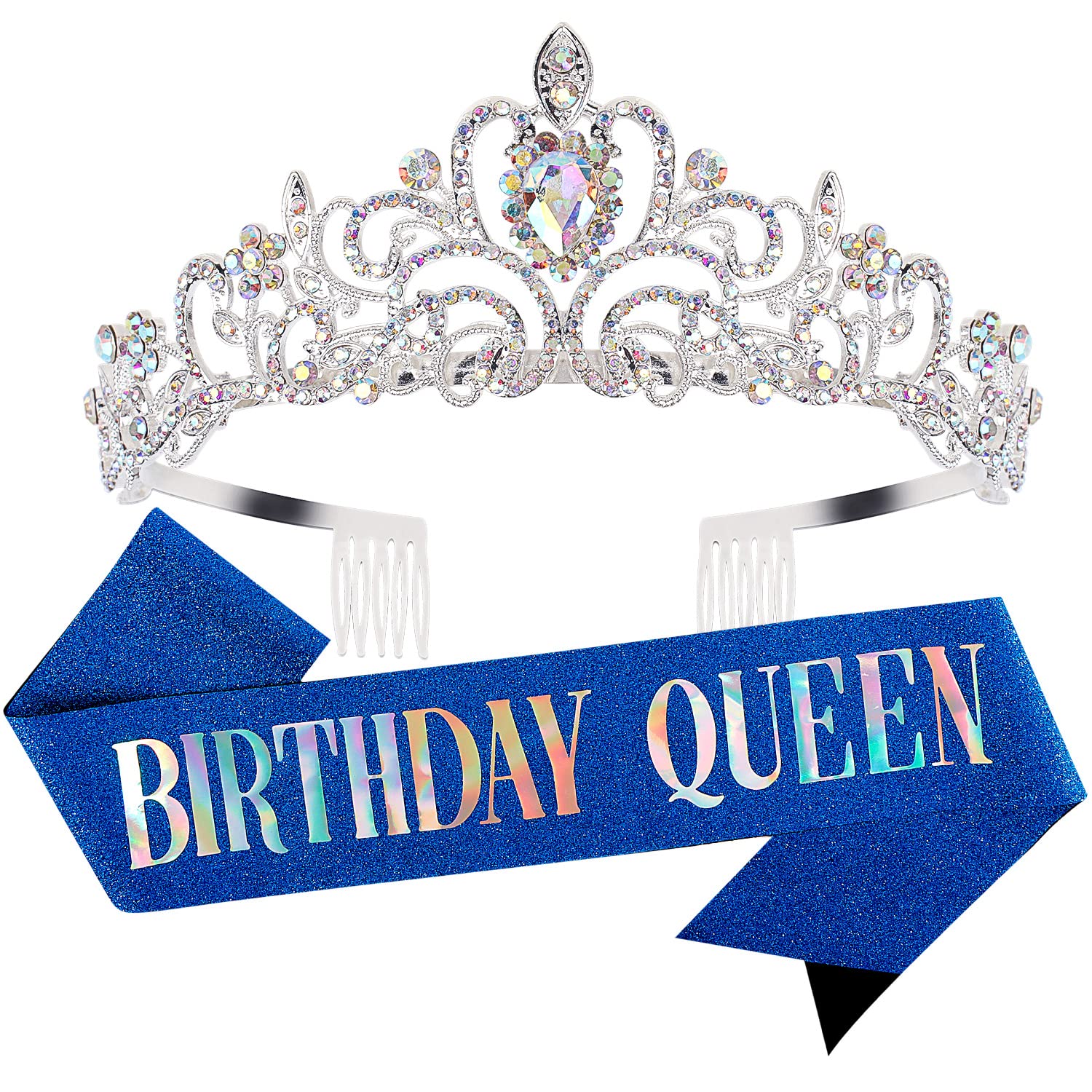 Velscrun Happy Birthday Queen Ab Silver Tiara Crowns For Women, Birthday Blue Sash, Birthday Party Favors Supplies Birthday Gift