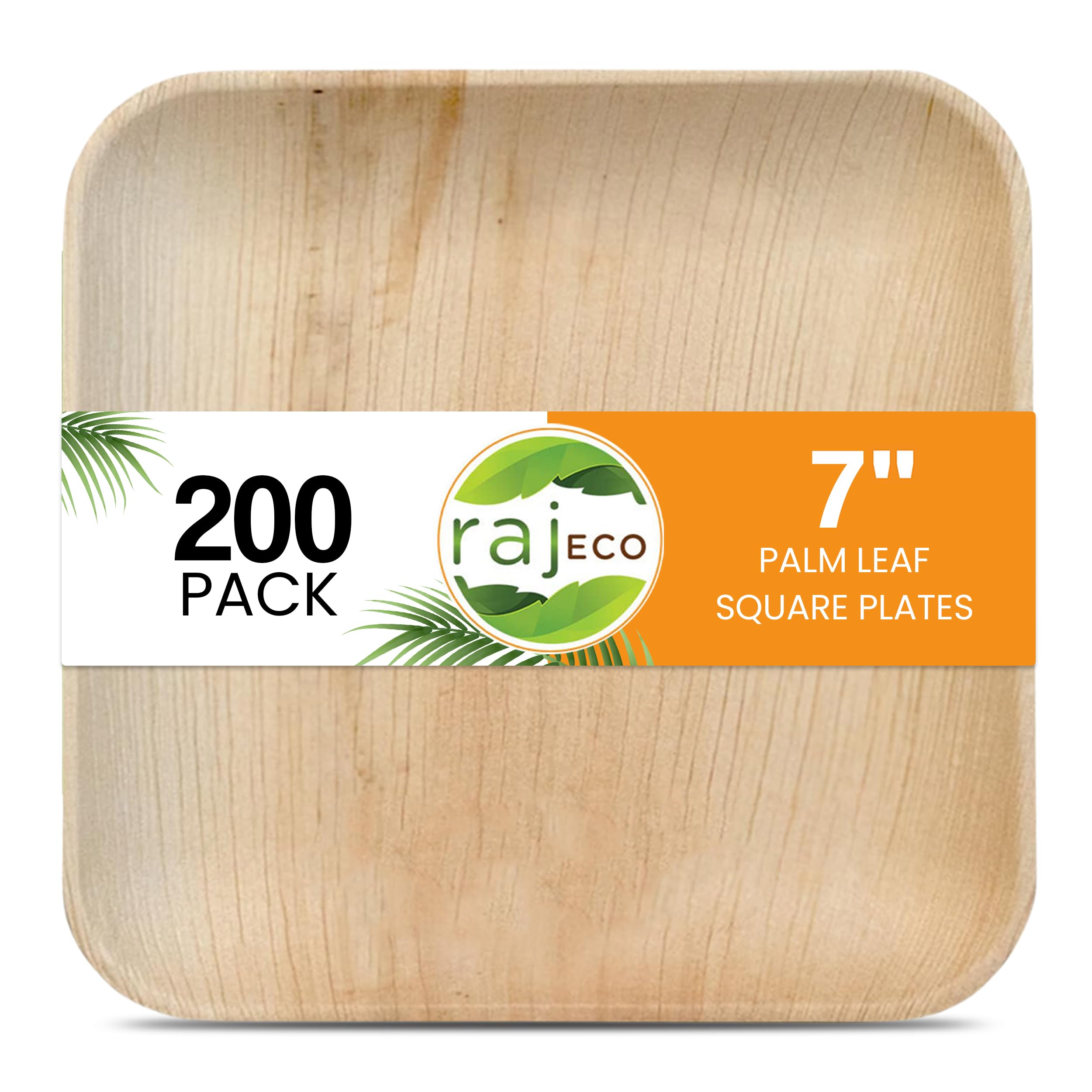 Raj Palm Leaf Plates [200-Pack] 7 Square Plates like Bamboo plates Disposable, Strong, Decorative Compostable Tableware for wedd