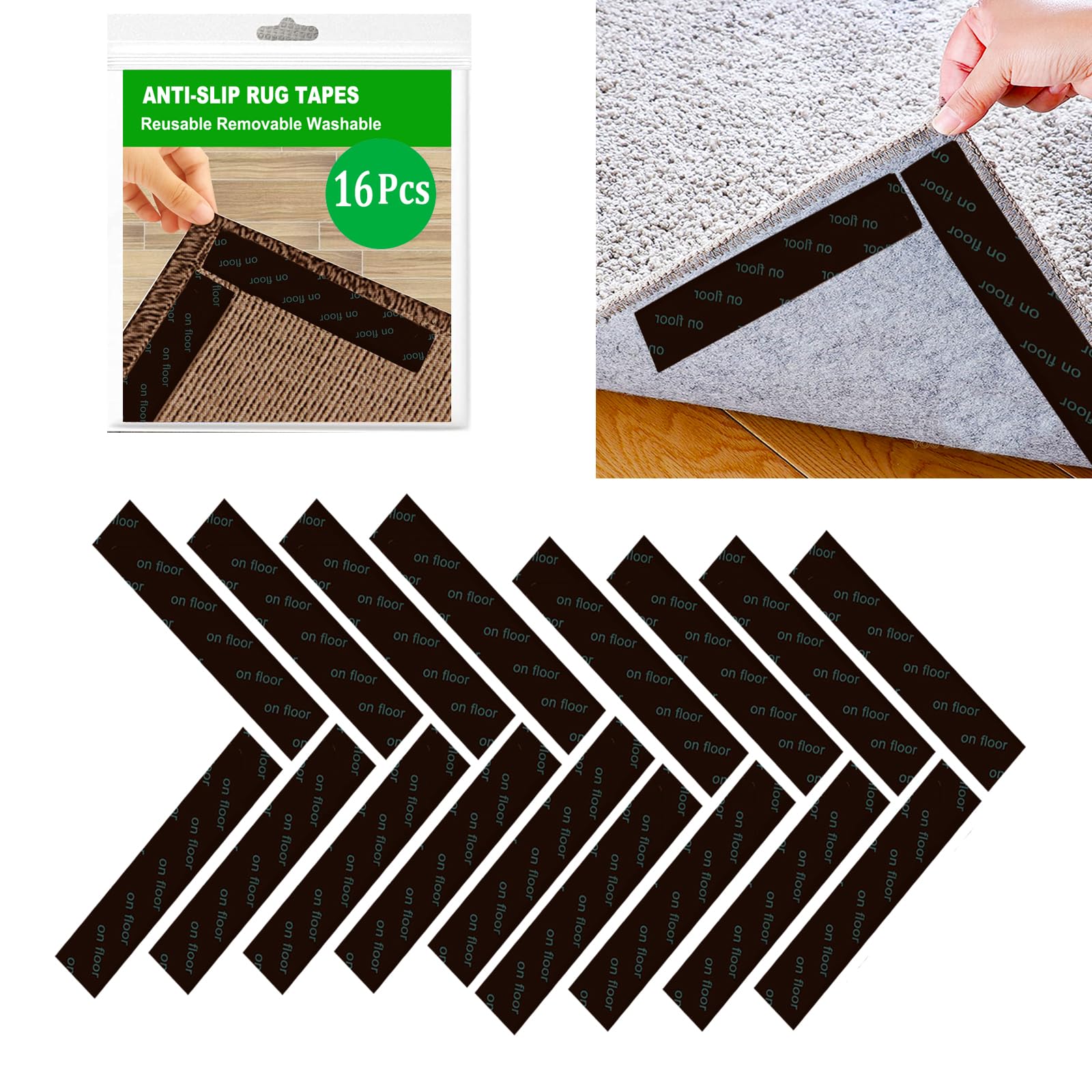 Wpunwen Rug Tape 16 Pcs Carpet Gripper Rug Stoper Carpet Tape Keeps Rug in Place No Slip Rug Stickers Reusable Washable Black