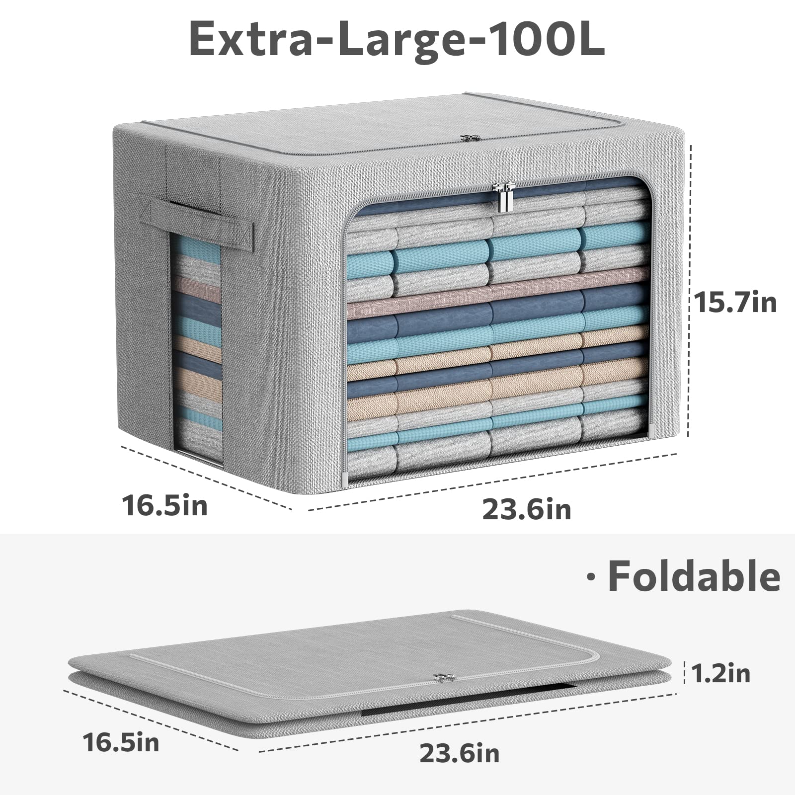 2Pack Extra Large Clothes Storage Bins Box - Linen Fabric Foldable Stackable Container Organizer Set with Clear Window & Carry H