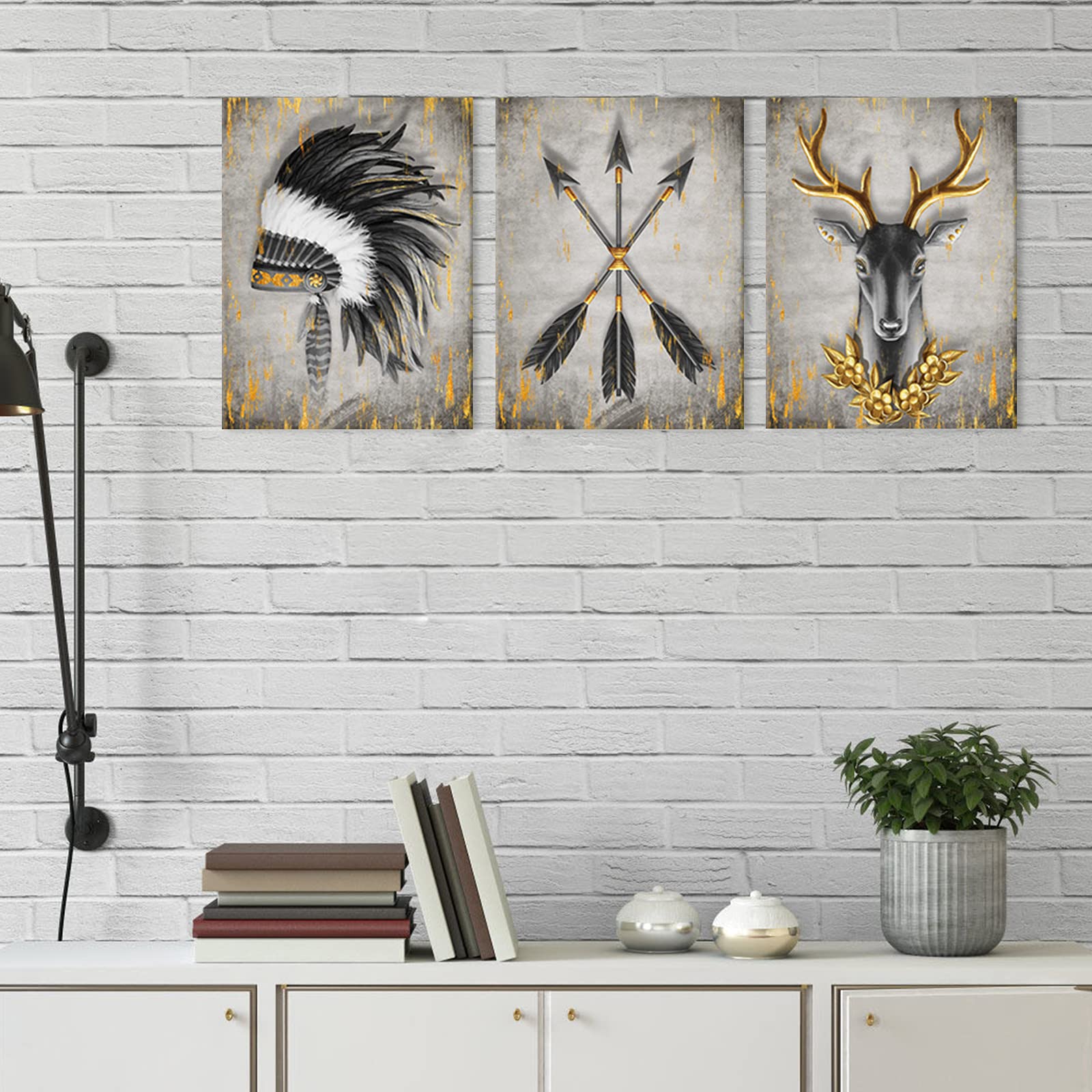Kalormore Black White And Golden Indian Pictures Native American Chief Headdress Arrow Deer Canvas Wall Art Wildlife Safari Pain