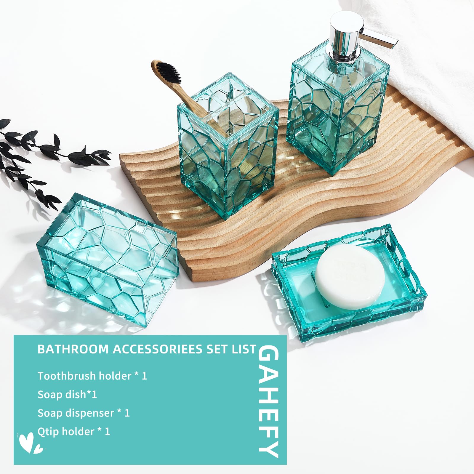 Gahefy Teal Blue Beach Bathroom Accessories Set With Toothbrush Holder, Soap Dispenser, Tumbler, Soap Dish, Turquoise Bathroom D