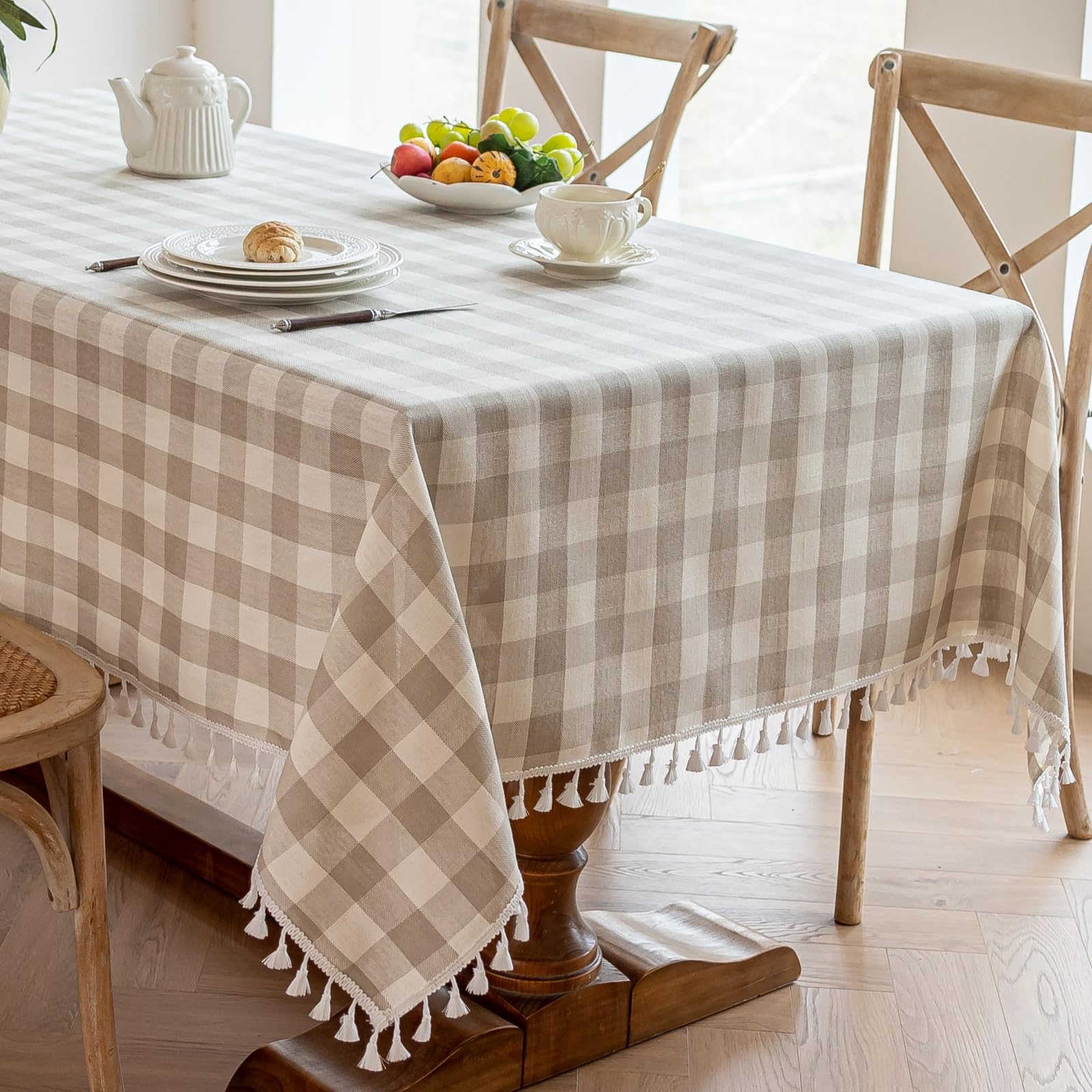 Alsoo Gingham Tablecloth Square 55 x 55 inch, Washable Wrinkle Free Table Cloth Linen Cotton Heavy Duty Fabric with Tassel, Chec