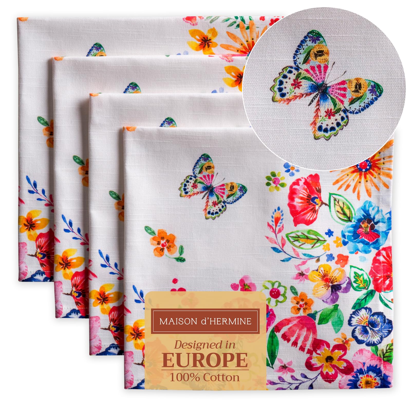 Maison d' Hermine Napkin 100% Cotton Set of 4 Decorative Washable Table Cloth Napkins for Gifts  Dining  Wedding  Banquet  Buffet  Happy Florals - High Summer - Spring/Summer (20?x20?)