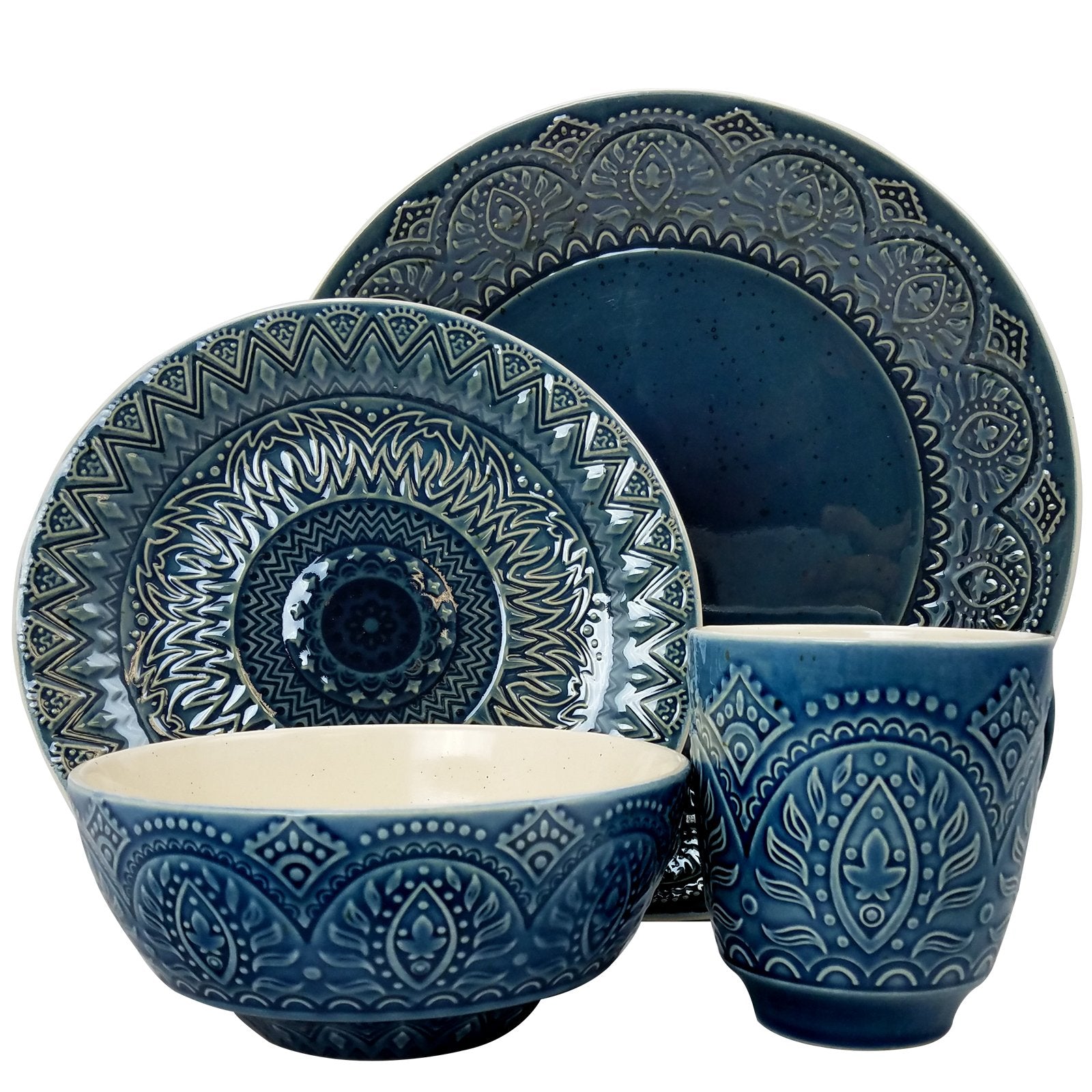 Elama Decorated Round Stoneware Deep Embossed Dinnerware Dish Set, 16 Piece, Dark Navy Blue