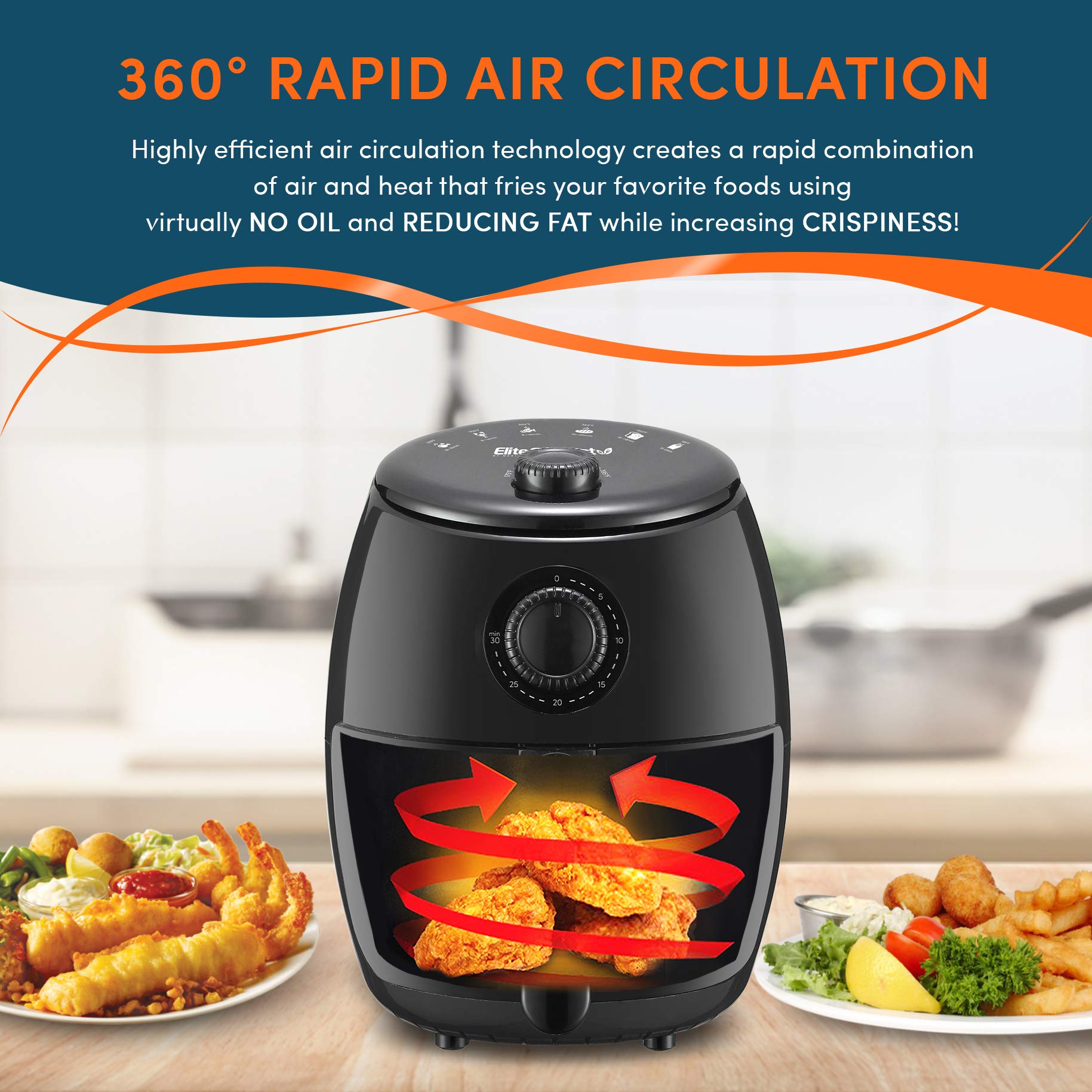 Elite Gourmet EAF0201X Compact Electric Hot Air Fryer, 2.1 Quart, Black, Oil-Less Cooker with Timer & Temperature Controls