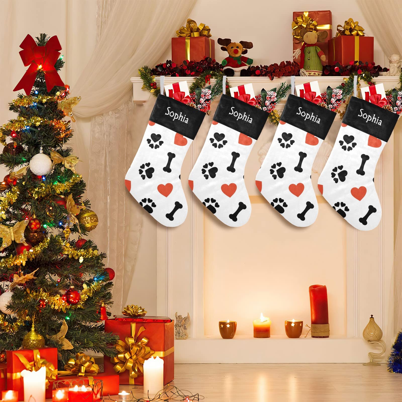 SunFancyCustom Custom Red Heart Paw Dog Christmas Stocking Personalized with Name Xmas Family Holiday Birthday Gift Decor 17.52