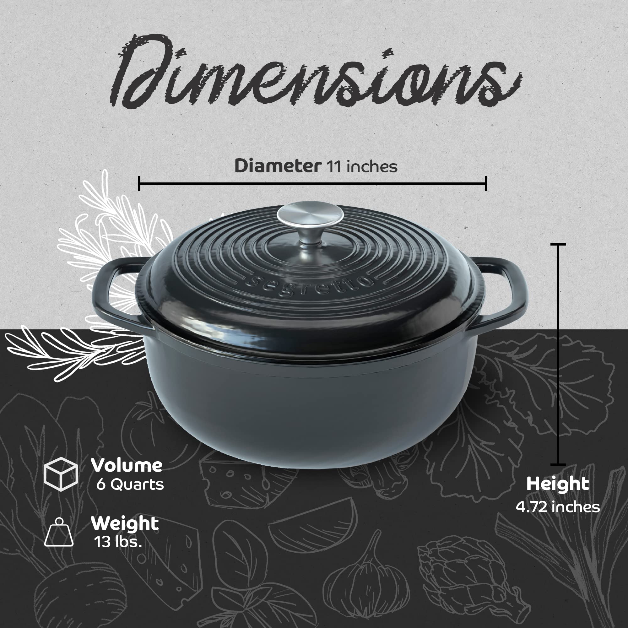 Segretto Cookware Enameled Cast Iron Dutch Oven With Handle, 6 Quarts, Nero (Black) Enameled Cast Iron Dutch Oven 6Qt | Dutch Ov