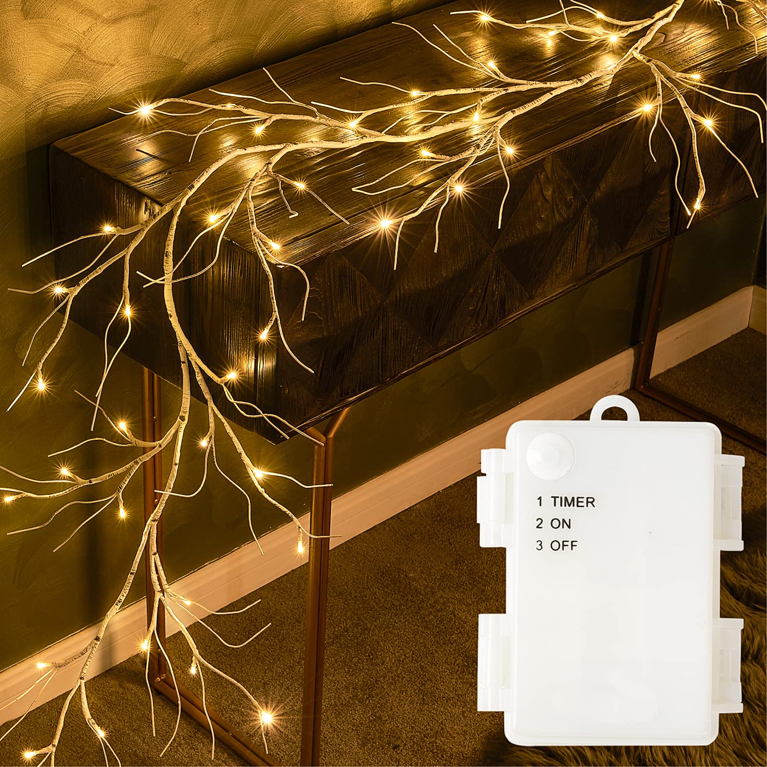 Fudios Lighted Birch Garland with Timer 48 LED Fairy Lights 6ft Battery Operated for Mantle Decor, Lit Christmas White Twig Garl