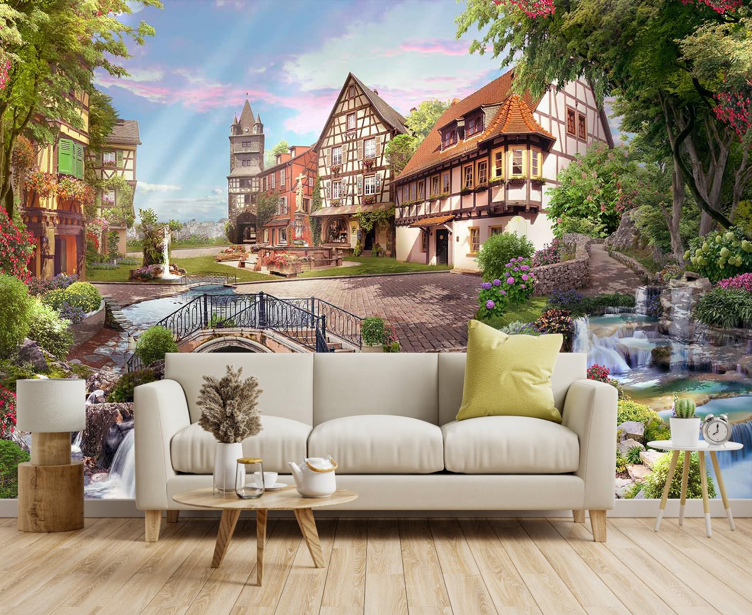Toolhom Flowery Waterfall And Beautiful Street Scene In The Sunshine Wall Mural For Living Room, Bedroom, Bathroom Backdrop Deco