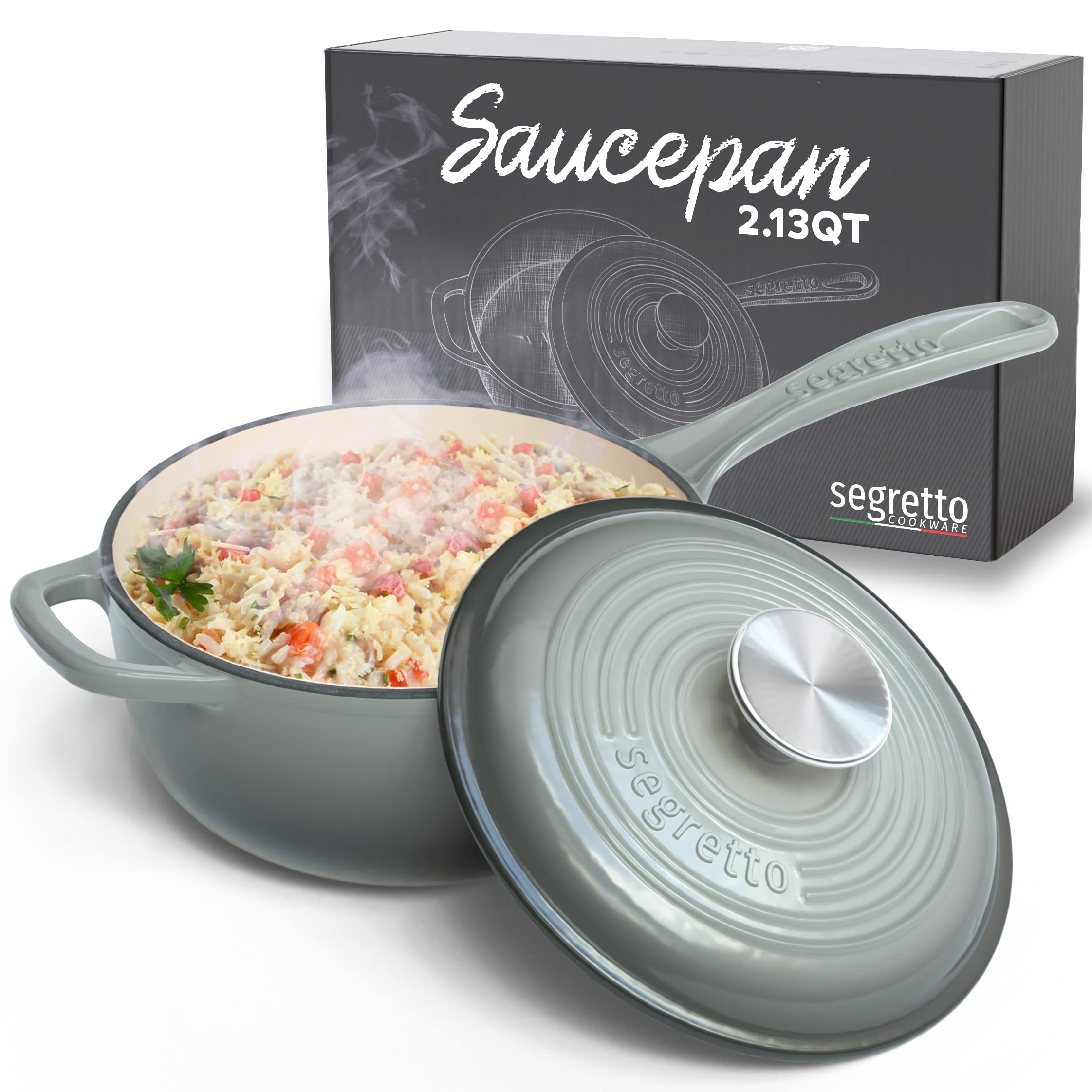 Segretto Cookware Enameled Cast Iron Sauce Pan, 2.13 Quarts, Gray