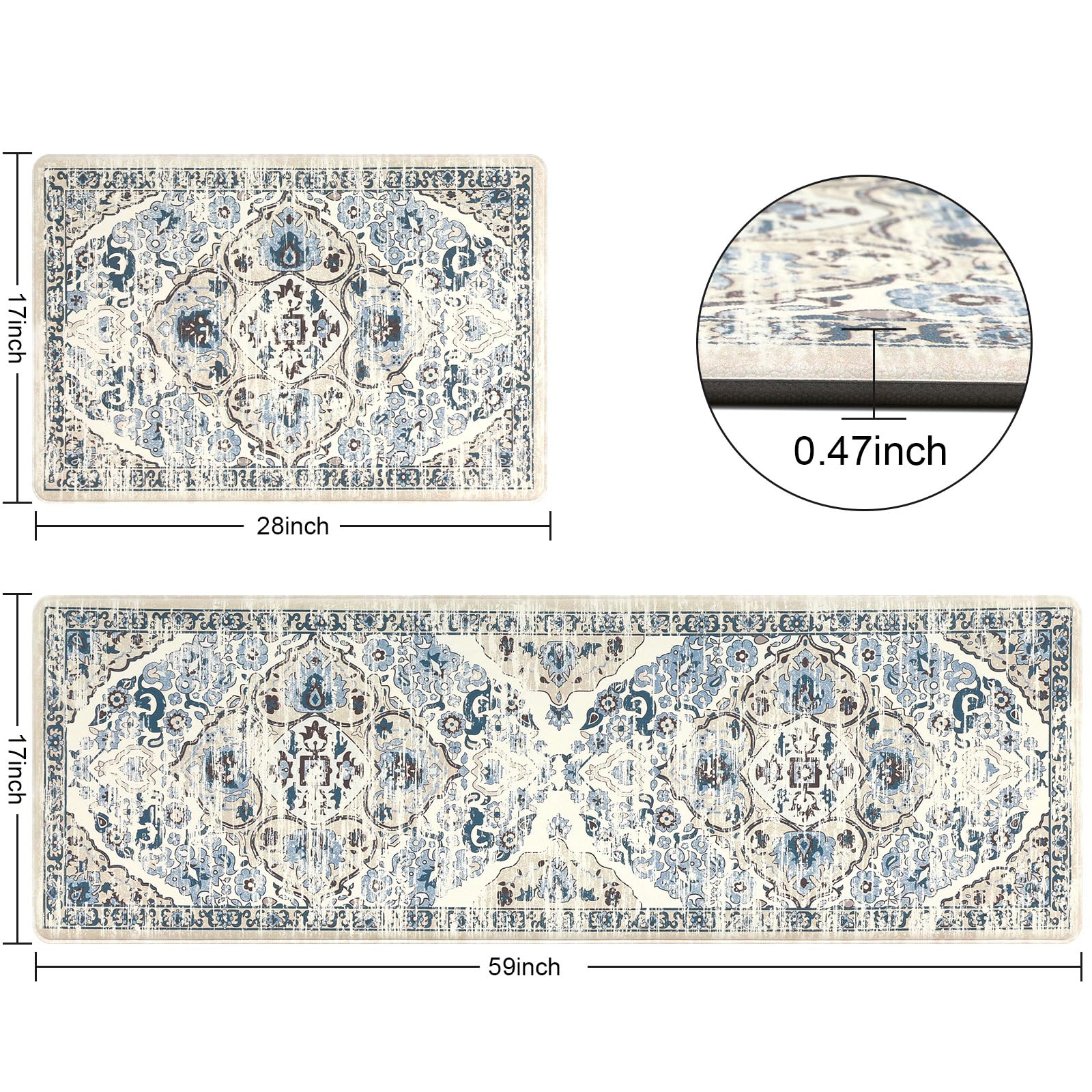 Ileading Blue Kitchen Mats For Floor 2 Piece 17''X28''+17''X59'' Boho Anti Fatigue Mats Non Slip Cushioned Floor Mat For Standin