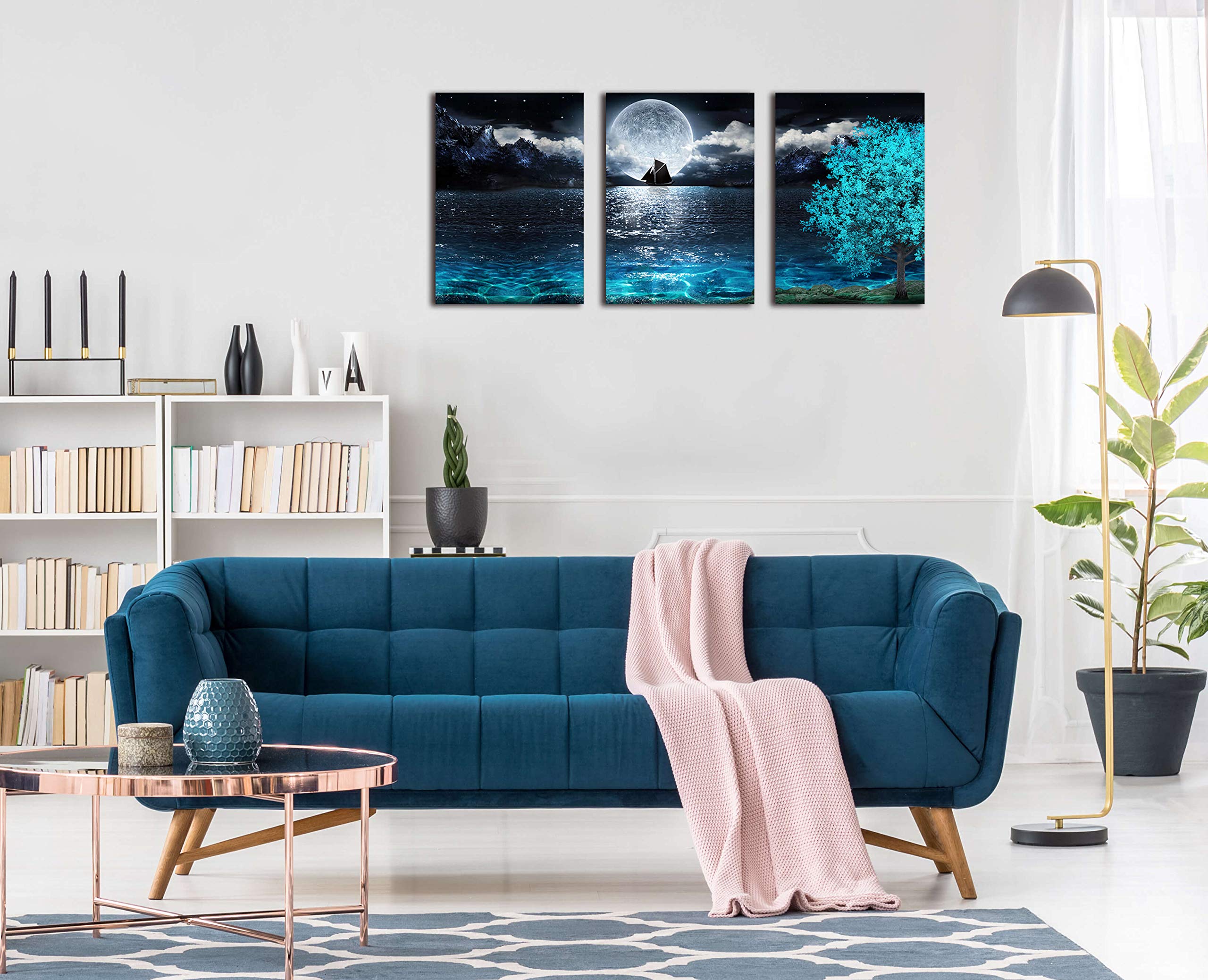 Moon Wall-Art - Teal Ocean Modern Decor Wall Decor For Living Room - Wall Art For Bedroom On Canvas Framed Size 12X16 Inches X3