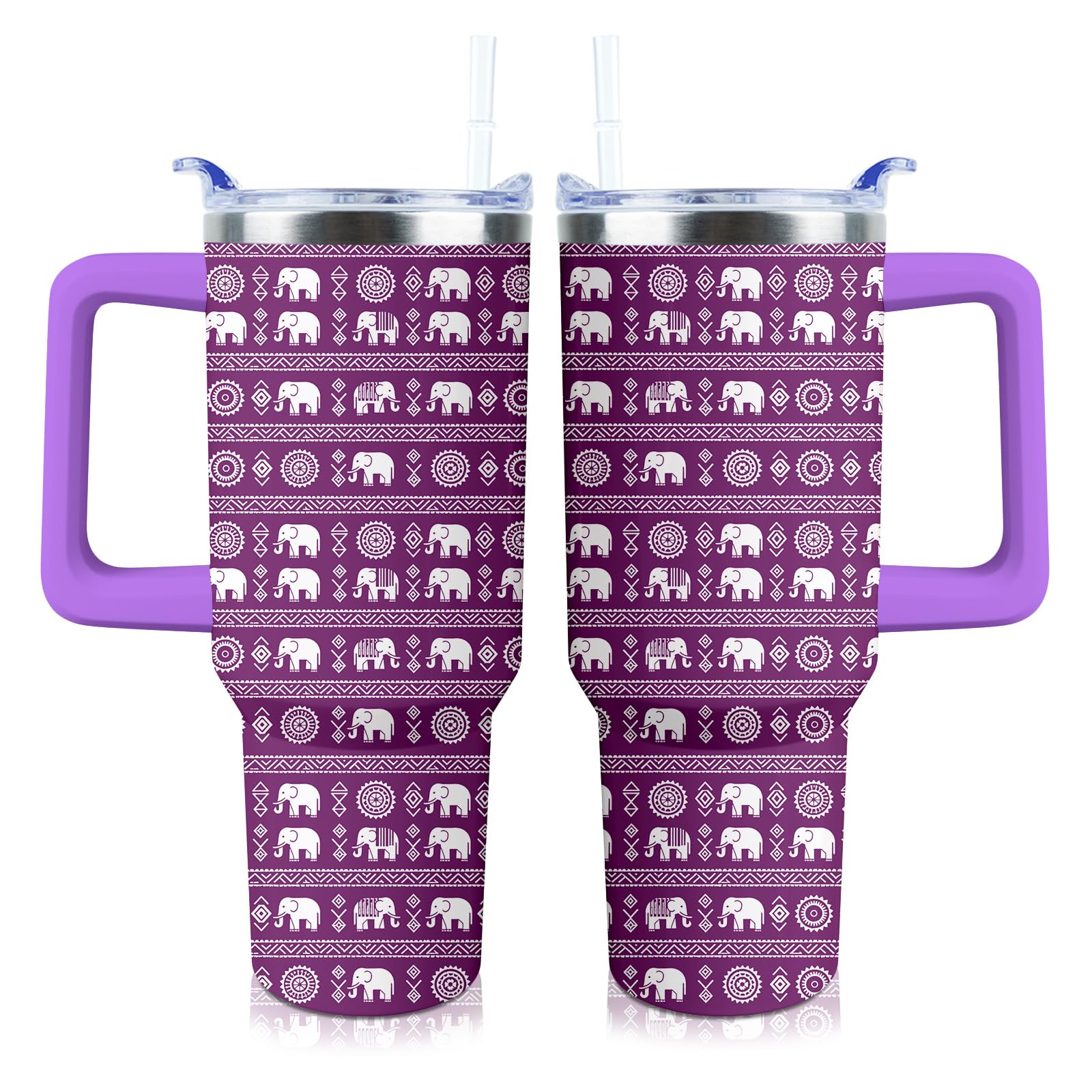 Boho Elephant Tumbler 40 oz Tumbler with Handle and Straw Lid Leak Proof - Boho Elephant Coffee Travel Mug with Handle Insulated
