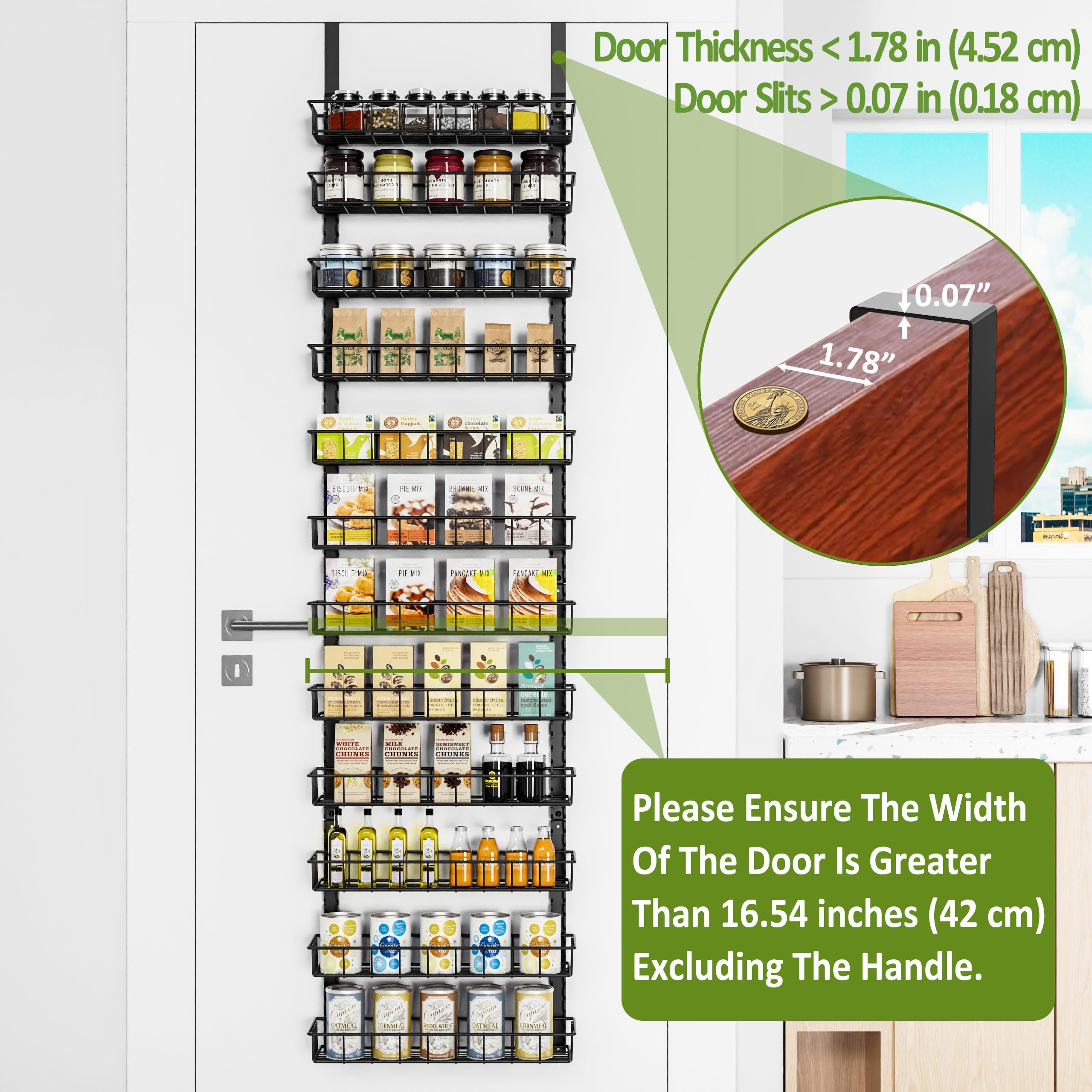 Churboro Over the Door Pantry Organizer Rack with 12 Adjustable Baskets, 12 Tiers Dual-use Spice Rack- Hanging or Wall Mount Spi